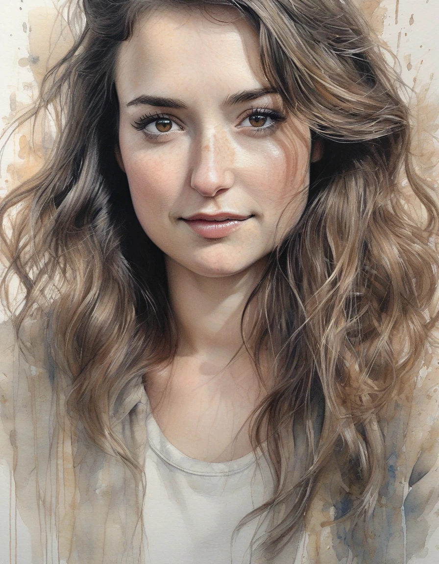 <lora:Milana Vayntrub -000007:1.0> ((mlnvyntrbsqgrl woman)) ,light natural tones , pencil drawing , watercolor drawing, portrait of a woman, detailed eyes, beautiful , highly detailed, soft color tones, soft lighting, detailed lines, sharp, realistic, brush strokes, light hints of paint drips