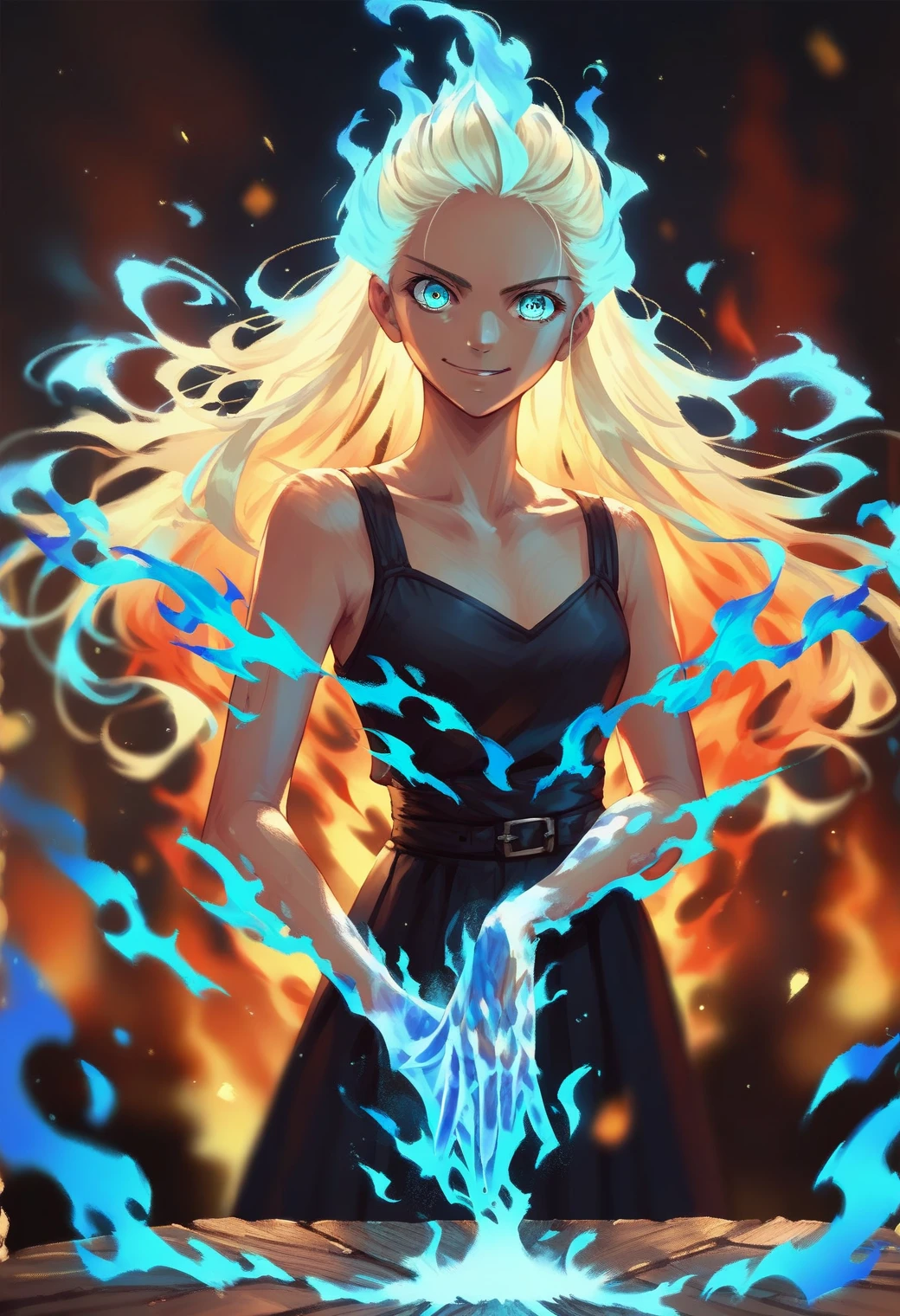 firegirl, <lora:firegirl_ponyxl_v1:0.8>, standing, burning hair, looking at viewer, hands on table, blue fire, leaning, blurry background, smile, long hair, solo, burning hands,
BREAK
score_9, score_8_up, score_7_up, score_6_up, anime