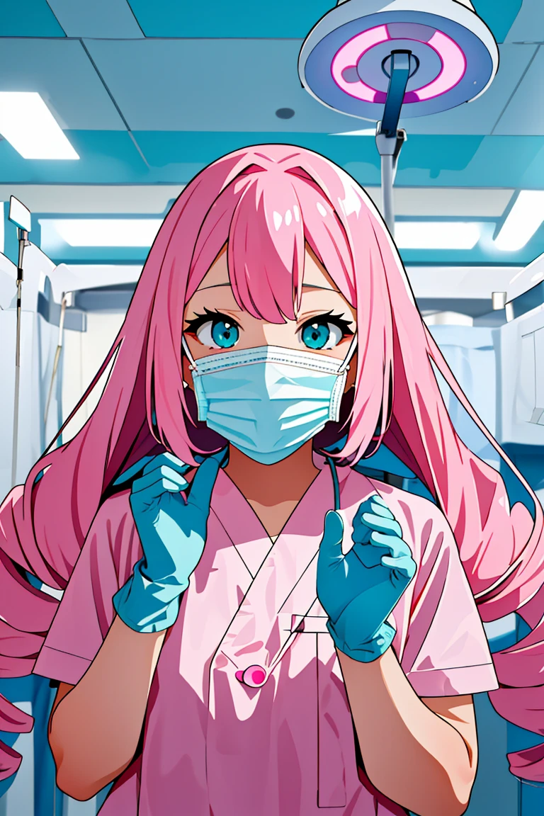 (RAW photo, best quality), (1girl), operating room, overhead surgical light,blurred background, focused,
<lora:Momoka Hanamura_CSC_V1.0:0.8> momoka hanamura, long hair, tsurime,pink hair, aqua eyes,
 <lora:Surgeon_HandsUP_V1.0:0.4> (hands_up_surgeon, looking at viewer, surgical mask, gloves, hands up)