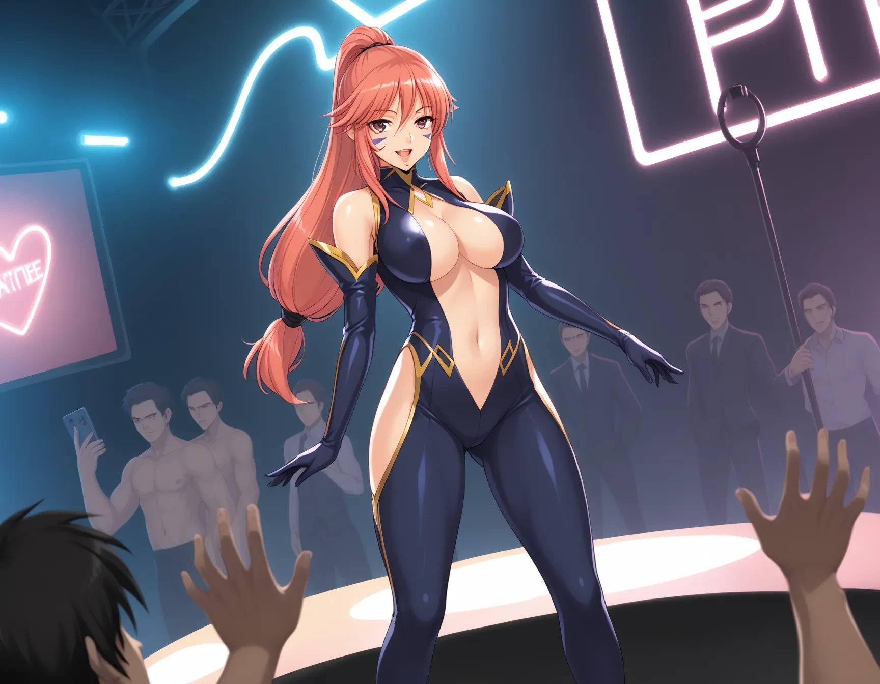<lora:Smooth Anime 2 Style SDXL_LoRA_Pony Diffusion V6 XL:0.6>,<lora:flat_sdxl:-0.6>,<lora:xl_more_art-full_v1:0.45>, <lora:add-detail-xl:0.35>,<lora:sdxl-hairdetailer_02:0.3>,<lora:offset_0.2:0.6>,<lora:sd_xl_dpo_lora_v1:0.6>,<lora:neg4all_bdsqlsz_xl_V91:0.5>,<lora:Expressive_H:0.3>,Expressiveh,<lora:epic_anime_scenery_v0_1:0.3>,<lora:detail_bg:0.25>,
rating_explicit,score_9, score_8_up, score_7_up, BREAK source_anime,best quality, masterpiece,(anime screencap:0.5), hi res,
masterpiece, best quality, very aesthetic, absurdres, 8k,
twkb, <lora:Pony_Kaya_V1_Adam8W-000008:1>,
1girl,solo,
seductive smile, lipstick, open mouth,
facial mark,low-tied long hair,
large breasts, cleavage,
navel,
black bodysuit, center opening,clothing cutout,elbow gloves, hip vent, thigh cutout,
full body,
standing, dancing,
spoken heart,
on stage,concert,
neon light,