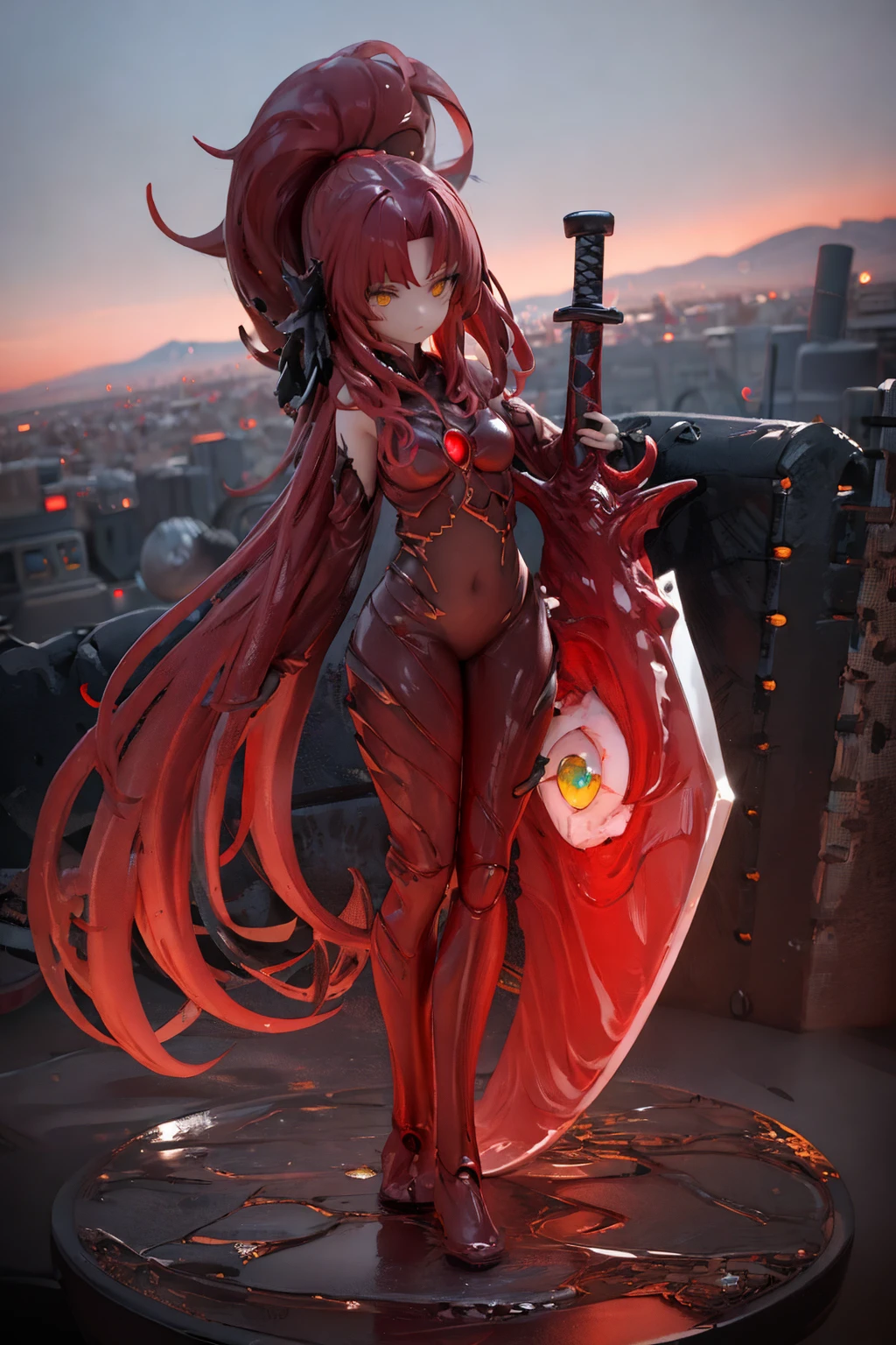 best detailed, masterpiece, best quality, <lora:RedMistGebura-000004:0.84>
red long wavy hair,yellow glowing eyes,solo,(holding Mimicry's sword:1.3),dawn sky,ruined city background,