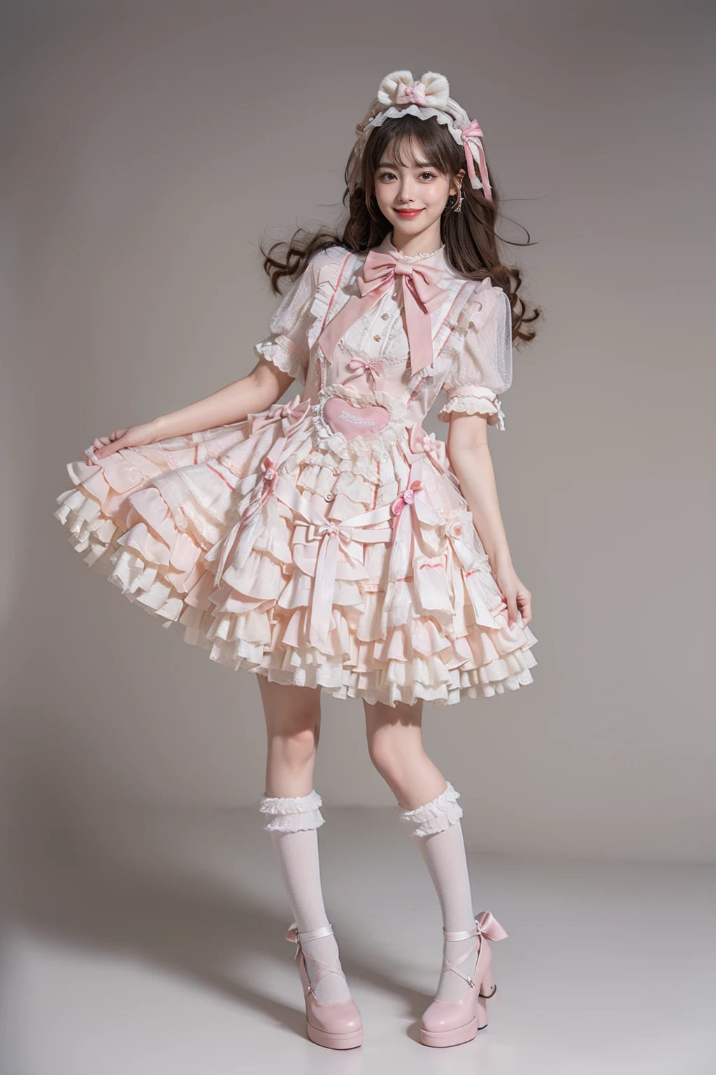 best quality, masterpiece, realistic, photorealistic, 1girl, solo, smile, black hair, long hair, standing, full body, cyb dress, dress, pink dress, layered dress, frilled dress, short sleeves, ribbon, bowtie, frills, bow, dress bow, heart symbol, hair bow, hair ornament, frilled socks, platform heels, pink background, <lora:sweet_attire_style5_v1:0.7>