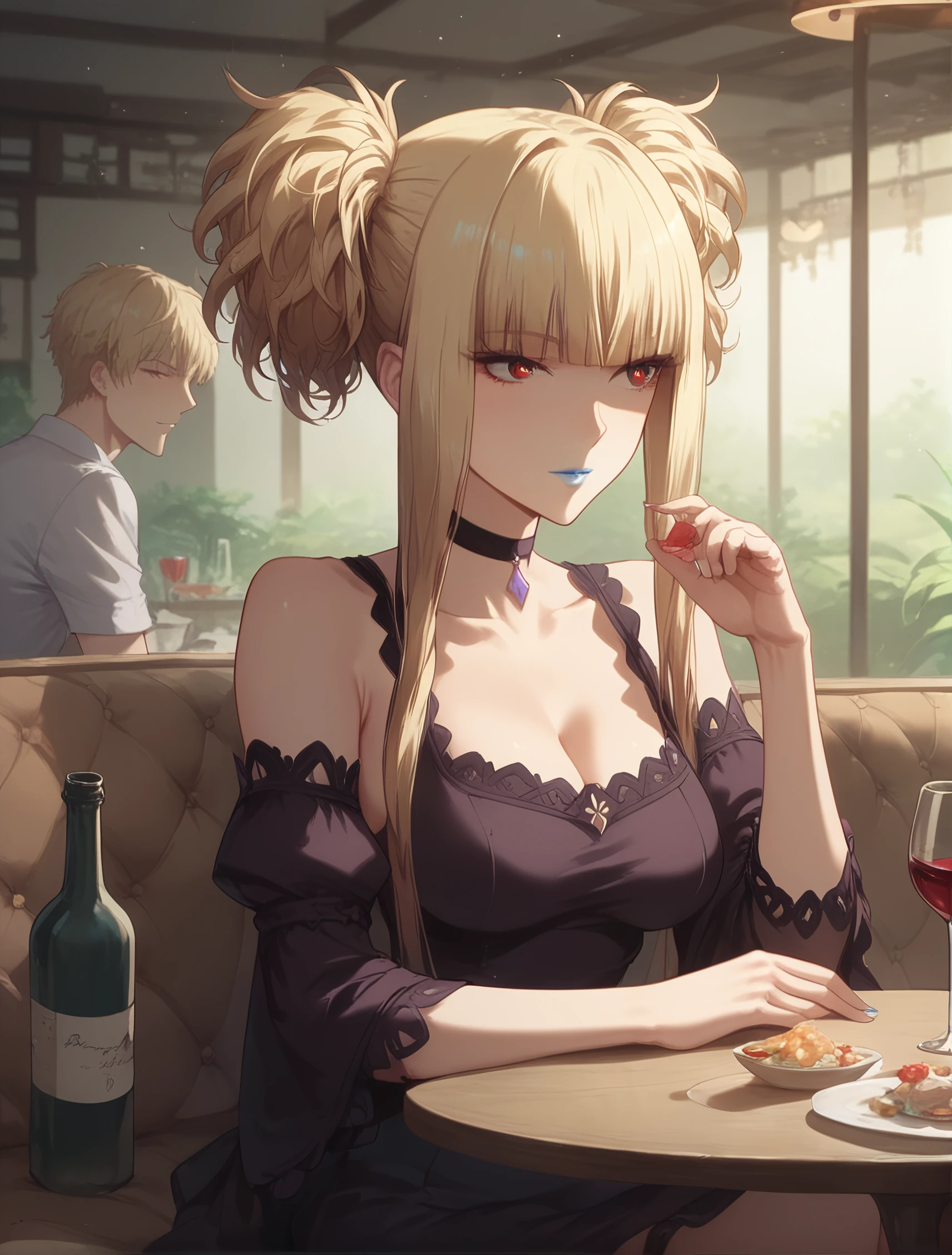 score_9, score_8_up, score_7_up, Expressiveh, ultra detailed, 1 girl,<lora:Kongou:0.8>,kongou_aoki,  blond hair,red eyes,blue lips,small hips,  beautiful lighting, 1girl,in a restaurant, sitting at a table, a bottle of wine, bokeh,  <lora:Expressive_H:0.8>, <lora:Concept Art Twilight Style SDXL_LoRA_Pony Diffusion V6 XL:0.8>