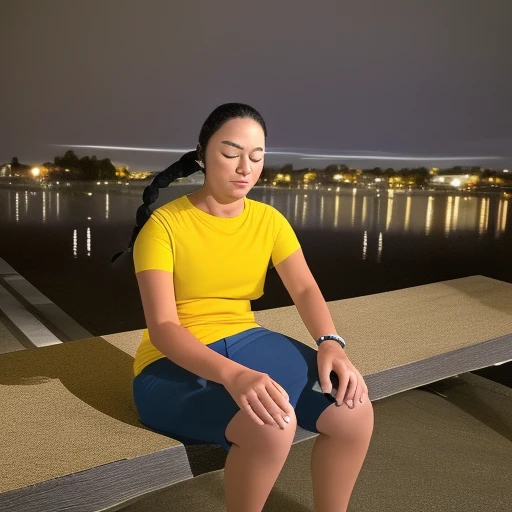 girl sitting, yellow tshirt, long hair, western attire, modern girl