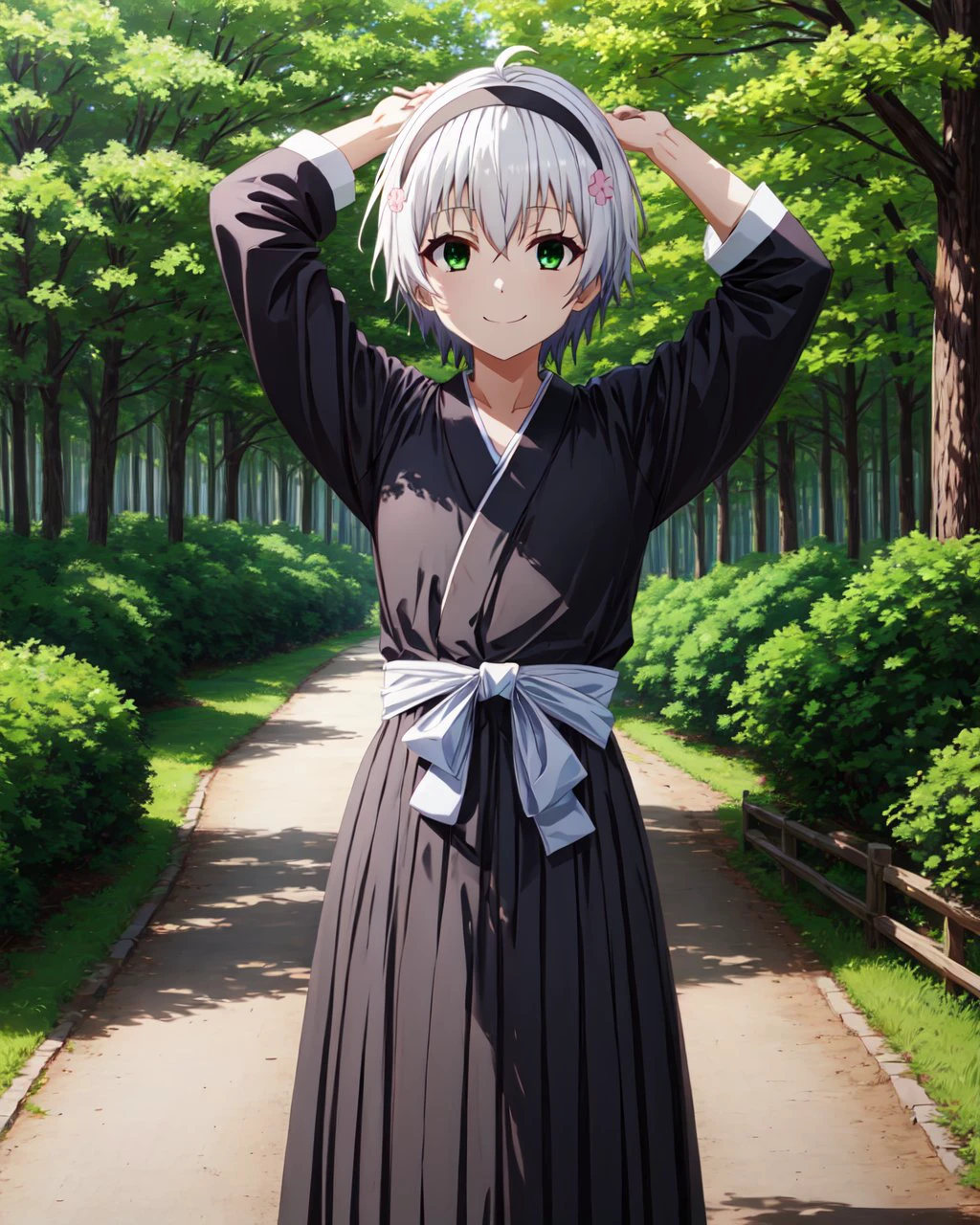 shinigami kimono,black kimono,black kosode,black hakama,<lora:Shinigami_kimono-000004:0.8>,
day,forest BREAK
shizuku kurogane,short hair,hair ornament,green eyes,flower,white hair,hairband,hair flower,
standing,smile,arms_up,looking_at_viewer,<lora:shizuku kurogane s1-lora-nochekaiser:0.7>,