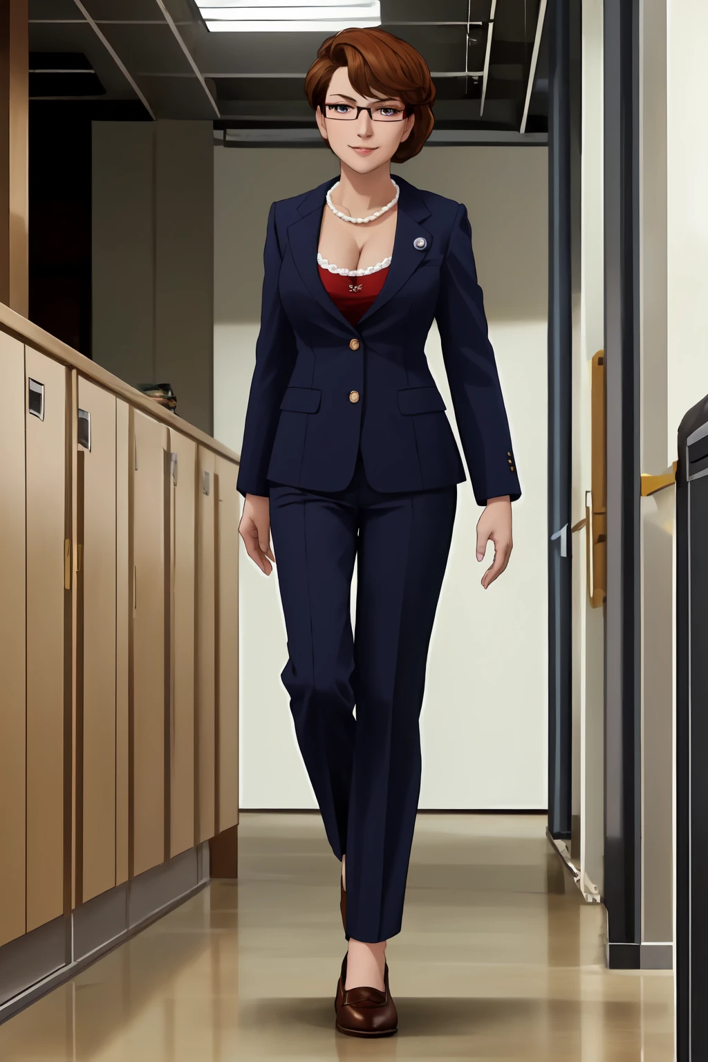 masterpiece,best quality,1girl,mayorandrews,glasses,pearl necklace,cleavage,jacket,pants,leather shoes,full body,arms at sides,in metal office,looking at viewer,smirking,<lora:MayorAndrews-000016:0.7>,wide shot,straight on, ligne claire,flat colors