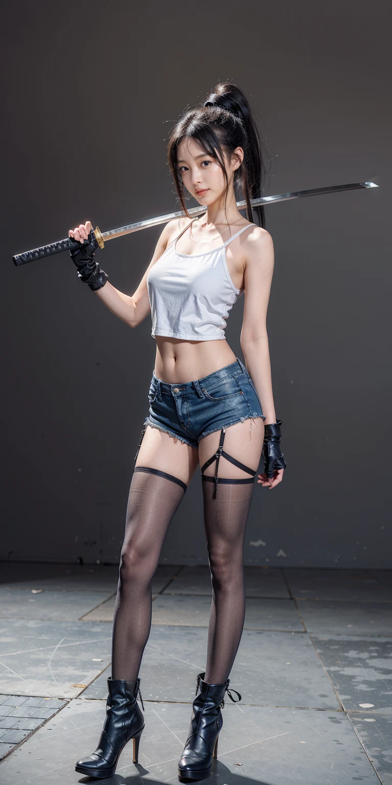 katana, holding katana, katana over shoulder, 1girl, solo, high-heeled boots,   Tank top, pantyhose, denim shorts,   full body, stand,  Black hair, Ponytail hairstyle,  masterpiece, best quality,8k, simple background, 