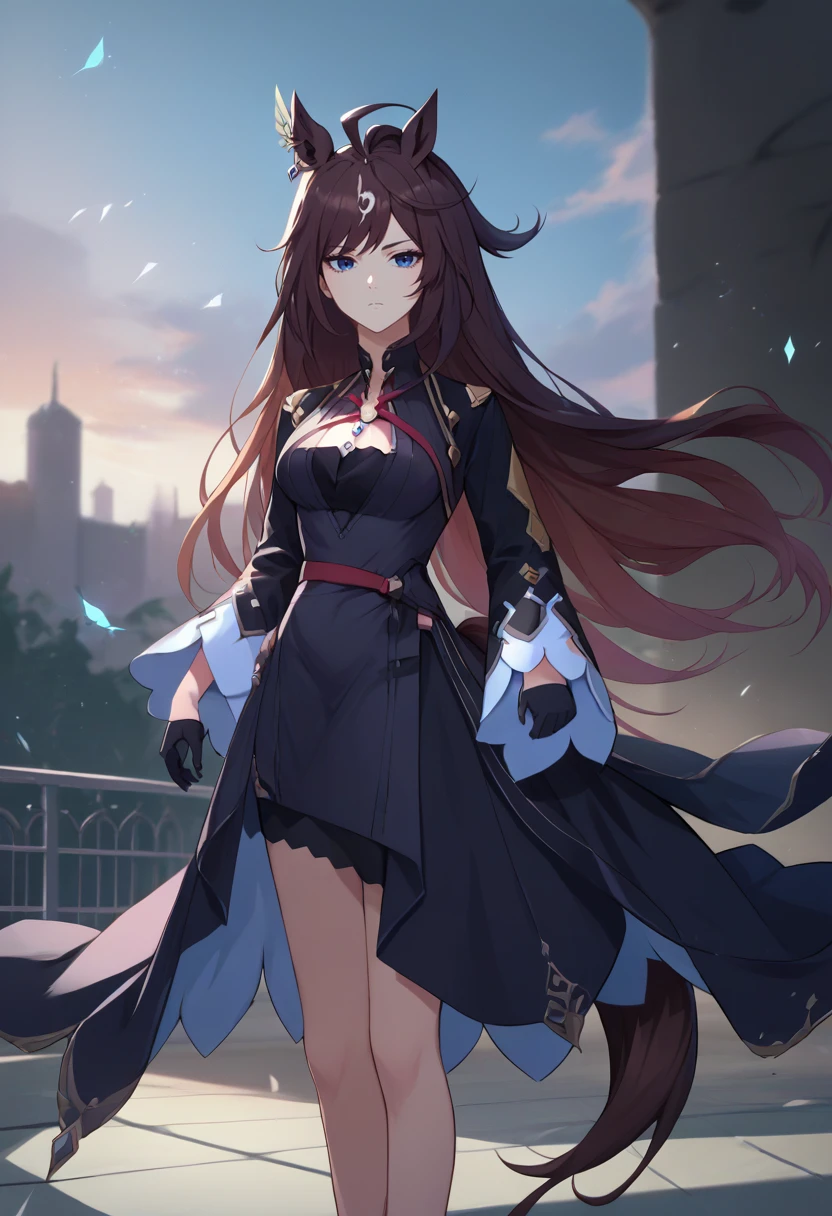 score_9, score_8_up, score_7_up, source_anime, solo, 1girl, duramente, expressionless, looking at viewer, standing, ahoge, floating hair, animal ears, ear ornament, black jacket, long sleeves, black dress, black gloves, horse tail, cleavage, outdoors <lora:umamusume_duramente_ponyXL:1>