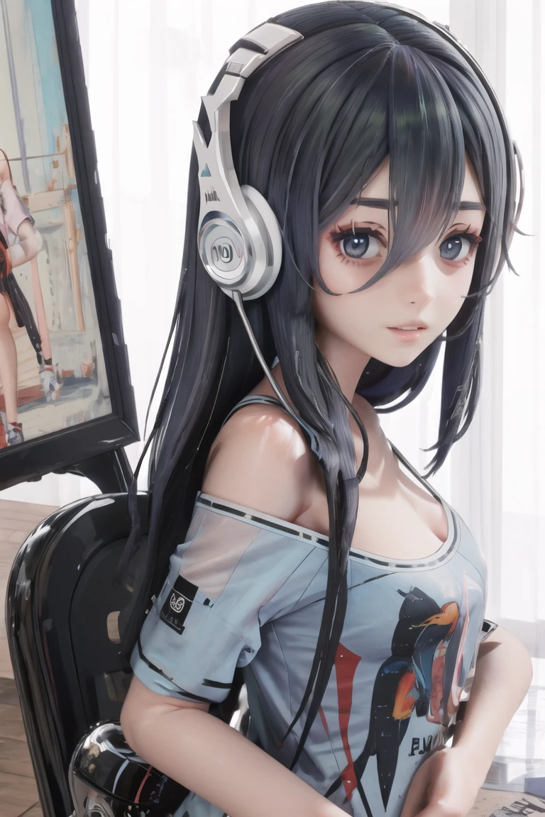 (masterpiece),best quality,portrait,three-quarter view,eye focus,looking at viewer,Look directly,<lora:exia:0.75>,exia \(nikke\),headphones,shirt,breasts,off shoulder,