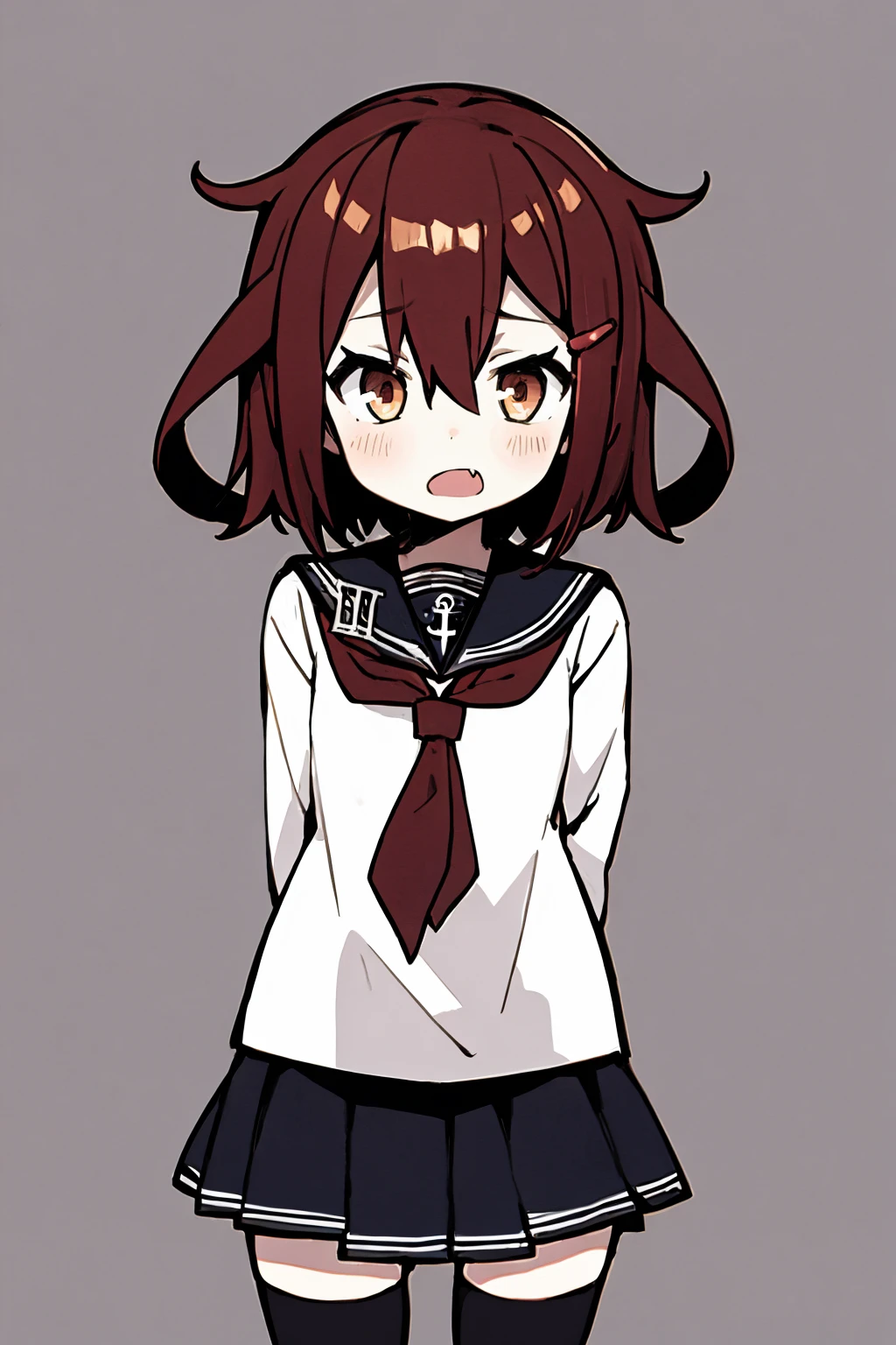 masterpiece, best quality,
1girl, ikazuchi \(kancolle\), brown hair, short hair, brown eyes, hairclip, fang,
anchor symbol, black sailor collar, long sleeves, neckerchief, school uniform, serafuku, pleated skirt, thighhighs,
arms behind back, upper body, solo, looking at viewer, simple background, solid grey background    <lora:Ikazuchi:1>