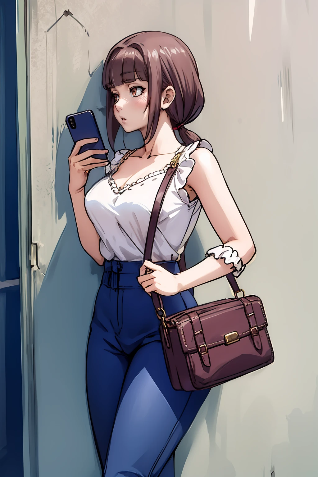 masterpiece, high quality, mature female, 1girl, solo,  ikunoemiru, medium hair, low ponytail, medium breasts, <lora:Emiru_Ikuno:0.8>, standing, against wall, handbag, cellphone, <lora:Detail (Tweaker):0.5>