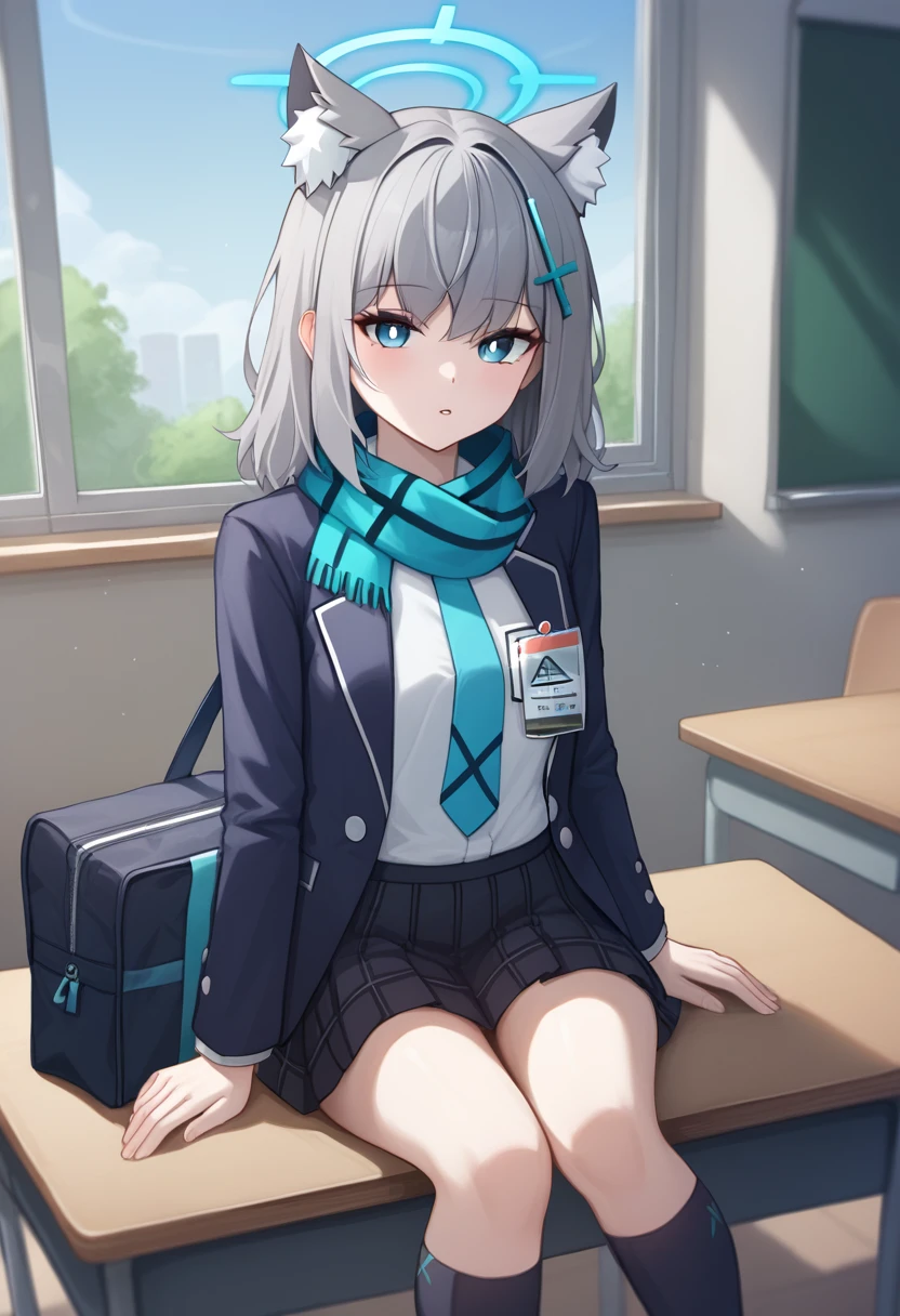 score_9,score_8_up,score_7_up,<lora:blue_archive_all_v2:1>,arm_support, window, on_desk, kneehighs, wolf_ears, school_bag, sidelocks, solo, wolf_girl, black_jacket, animal_ear_fluff, open_jacket, pleated_skirt, blazer, sig_556, sitting, highres, shiroko_\(blue_archive\), looking_at_viewer, school_uniform, id_card, parted_lips, blue_scarf, indoors, school_desk, collared_shirt, commentary_request, black_skirt, classroom, long_sleeves, assault_rifle, white_shirt, 1girl, blue_necktie