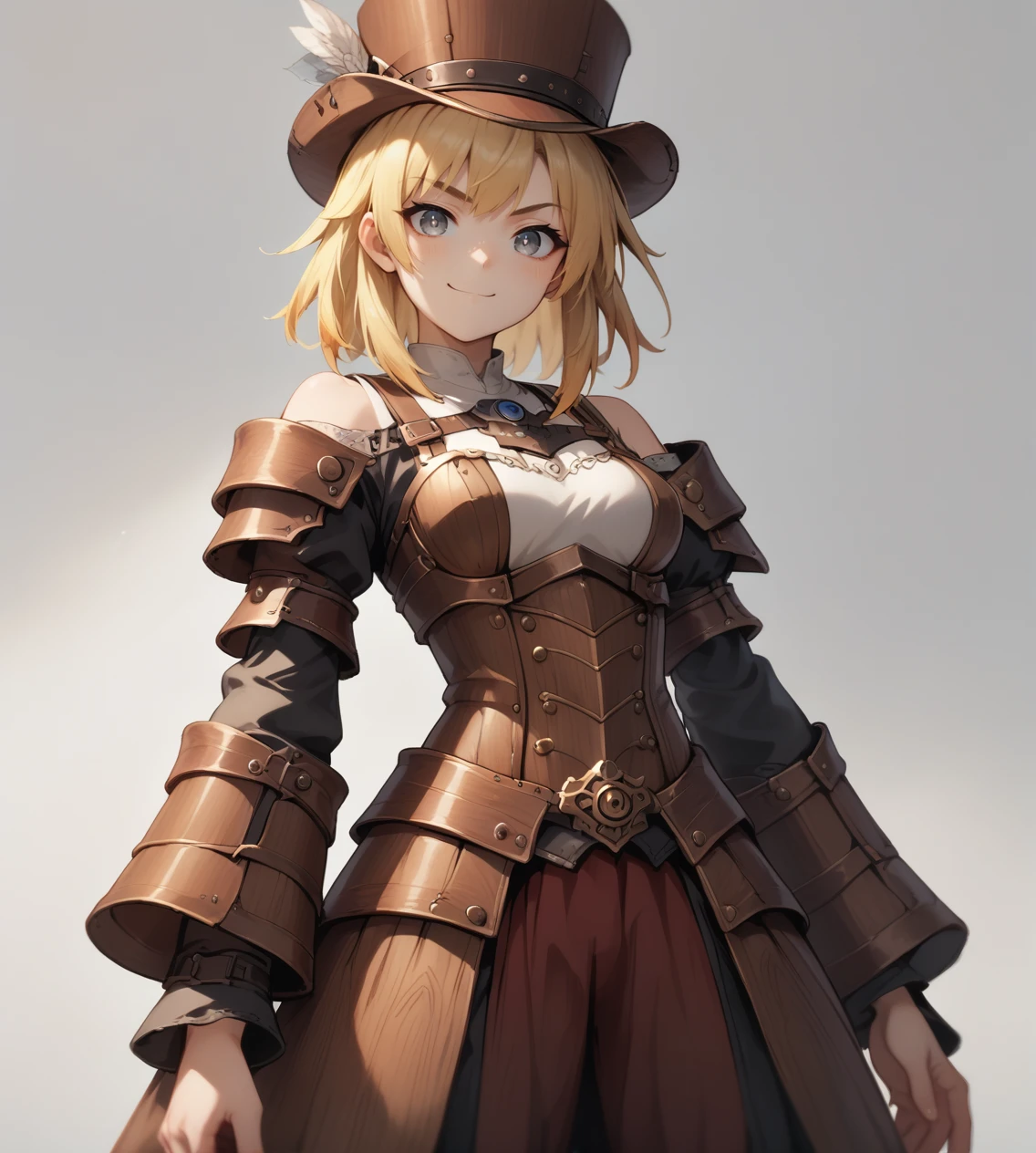 score_9,score_8_up,score_7_up,score_6_up,source anime,1girl,solo,standing,off shoulder,armor,long sleeves,steampunk,hat,medium breasts,gradient hair,blonde hair,red tips,medium hair,grey eyes,white pupils,smirk,cowboy shot,bangs,closed mouth,medium breasts,(thick eyebrows:0.6),white background, 
 <lora:wooden_10_blocks_comp:0.95>