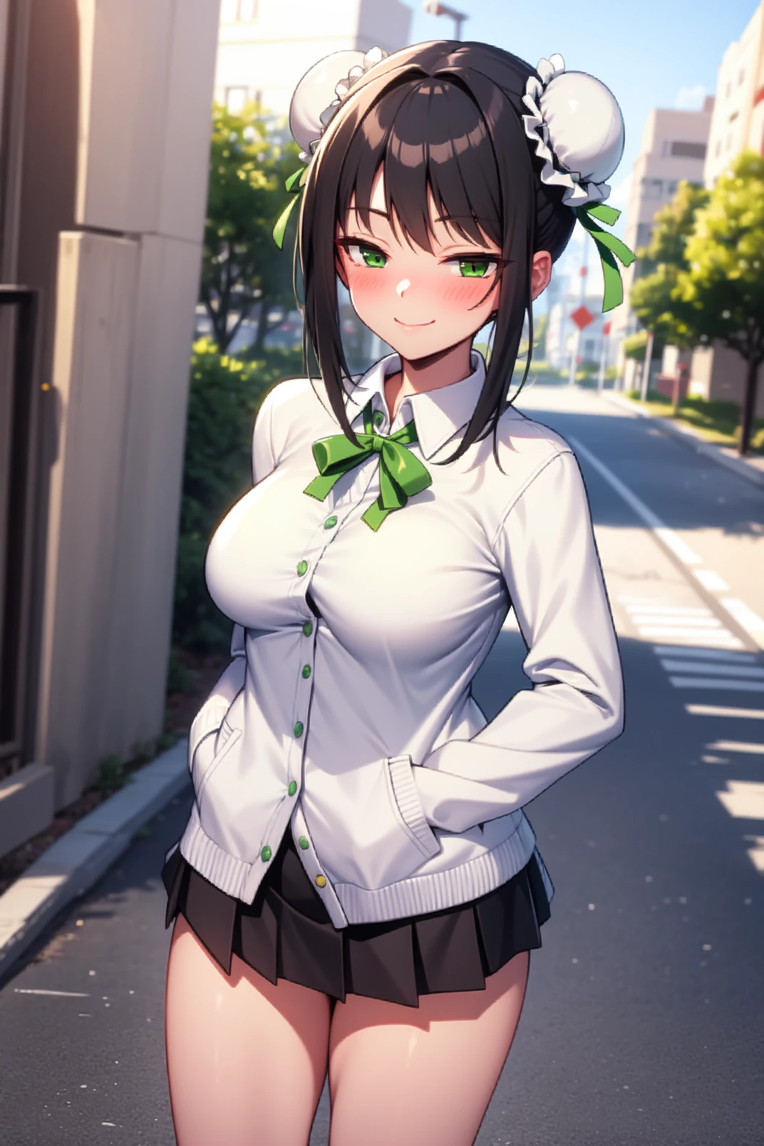 solo, masterpiece, best quality, outdoors, street, cowboy shot, looking at viewer, standing, closed mouth, smile, blush, qin, green eyes, black hair, hair bun, double bun, sidelocks, green ribbon, hair ribbon, cardigan, school uniform, skirt, pleated skirt, hands on pocket 