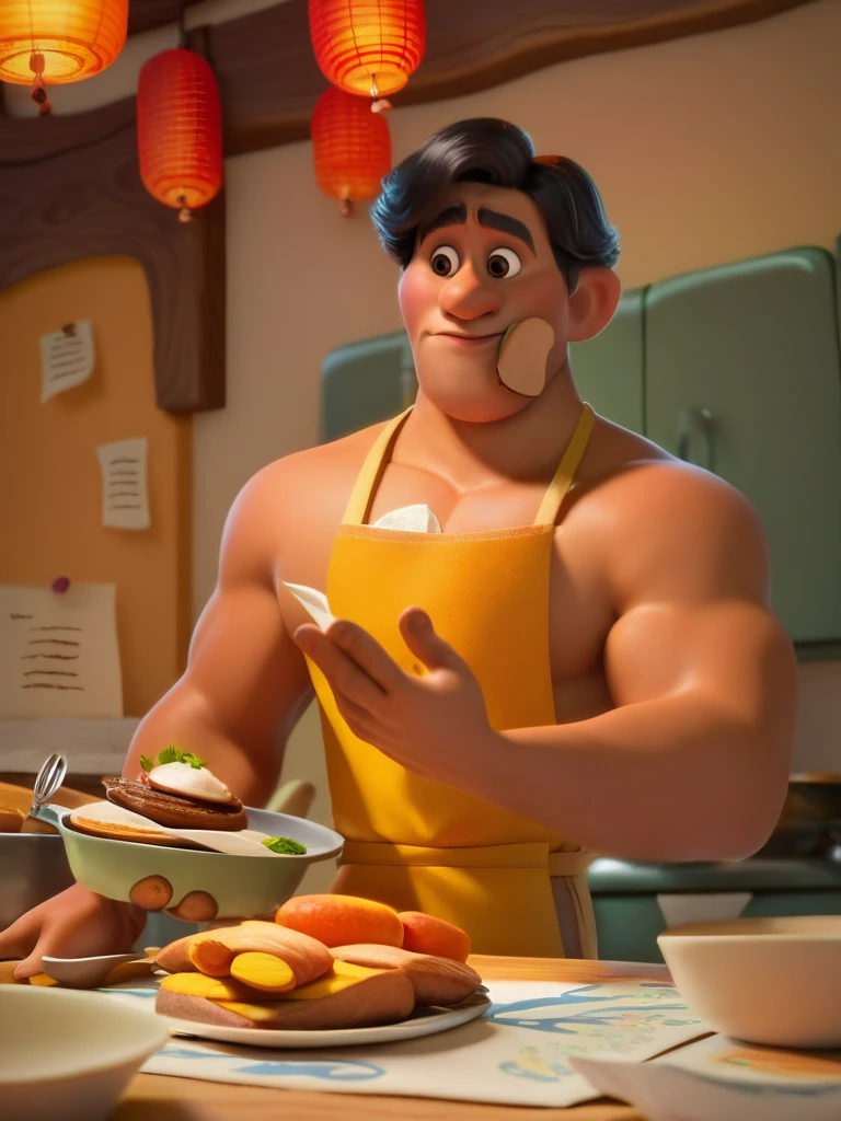 score_9, score_8_up, score_7_up, score_6_up, old muscular male cooking, food, restaurant, paper lantern, looking at food, black hair, cute, cartoon, valley, wooden builds, cowboy shot, dynamic angle, from below,
<lora:DisneyStudios_style:1> DisneyStyleXLP