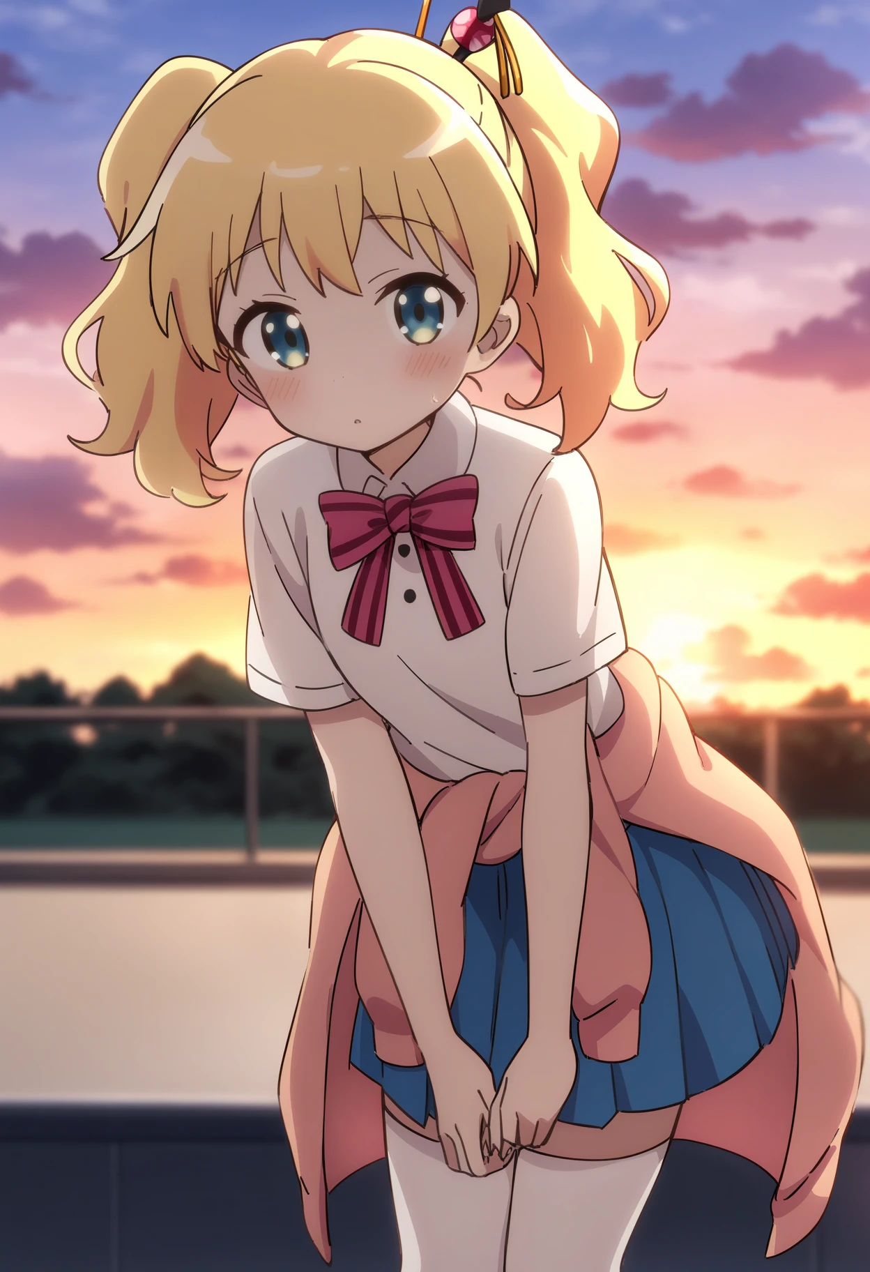 masterpiece, best quality, very aesthetic, absurdres, 1girl, solo, <lora:alice_cartelet-animagine-v1:0.8> alice cartelet, hair ornament, white collared shirt, short sleeves, striped bow, blue pleated skirt, white thighhighs, sweater around waist, outdoors, sunset, sky, looking at viewer, leaning forward