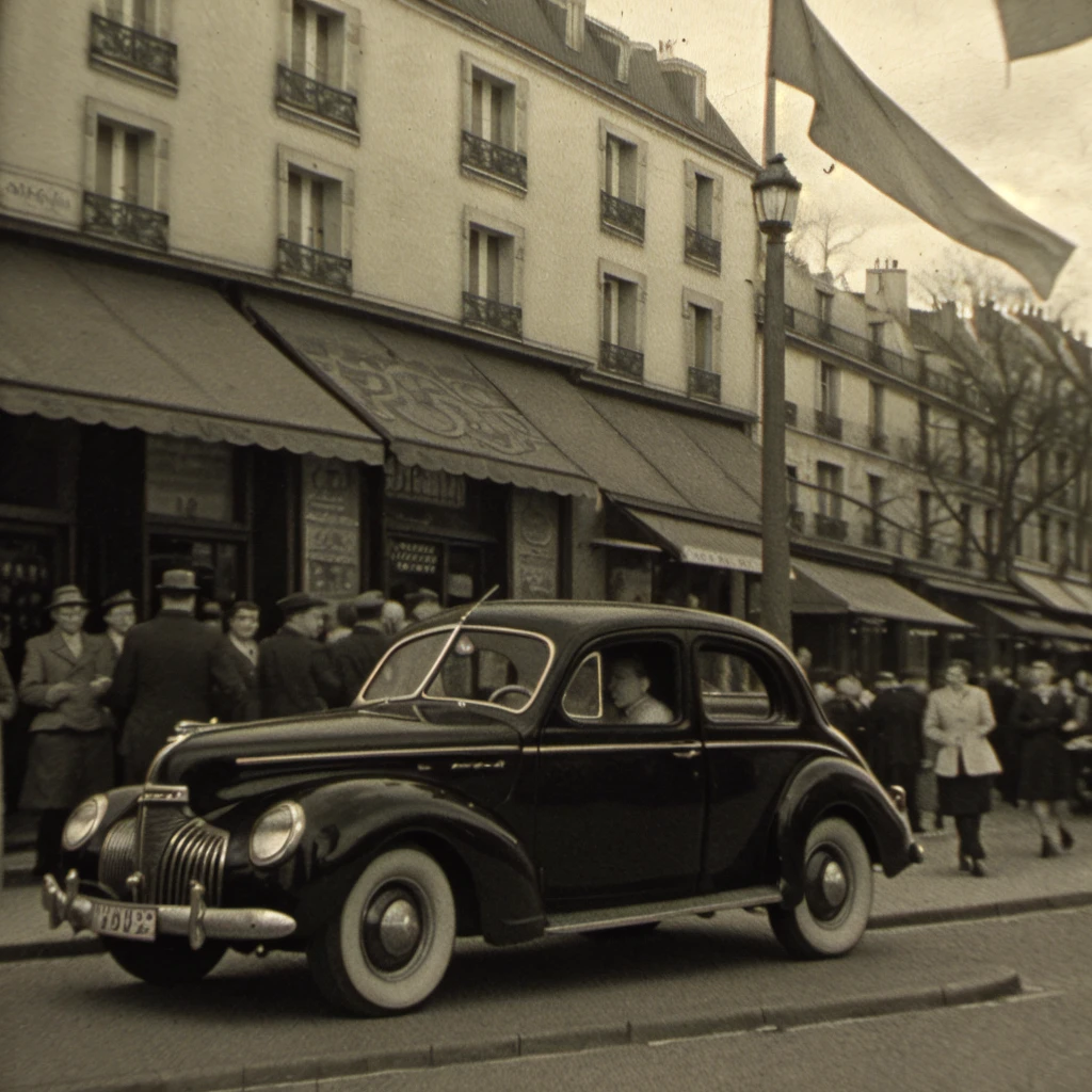 Craft a detailed black and white image that captures the essence of a bustling urban scene in Paris, France, in the year 1947. Envision crowded streets filled with a lively mix of people, all dressed in period-appropriate attire that reflects the styles of the late 1940s. The setting should be rich with historic Parisian architecture, including recognizable facades, intricate balconies, and classic signage, all contributing to the authentic atmosphere of post-war Paris. The composition should include vintage automobiles and possibly bicycles, threading through the cobblestone streets among pedestrians. Key to this image is the dynamic interplay of light and shadow, which should evoke the distinct feeling of classic film photography from the era. The scene should be void of any modern elements, ensuring that every detail contributes to the illusion of stepping back into mid-20th-century Paris.