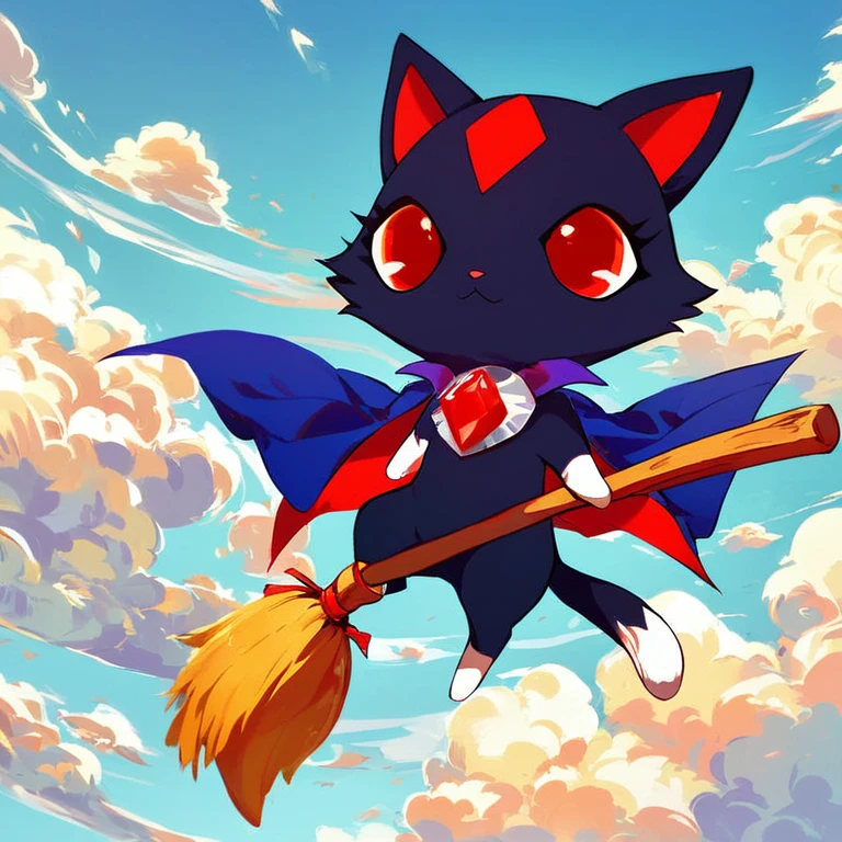 score_9, score_8_up, score_7_up, 
jewel pet,Nix,solo,holding,food,sky,day,cloud,cape,no humans,fruit,cat,broom,red eyes,standing on a broom
 <lora:jewel_petPony:0.8>