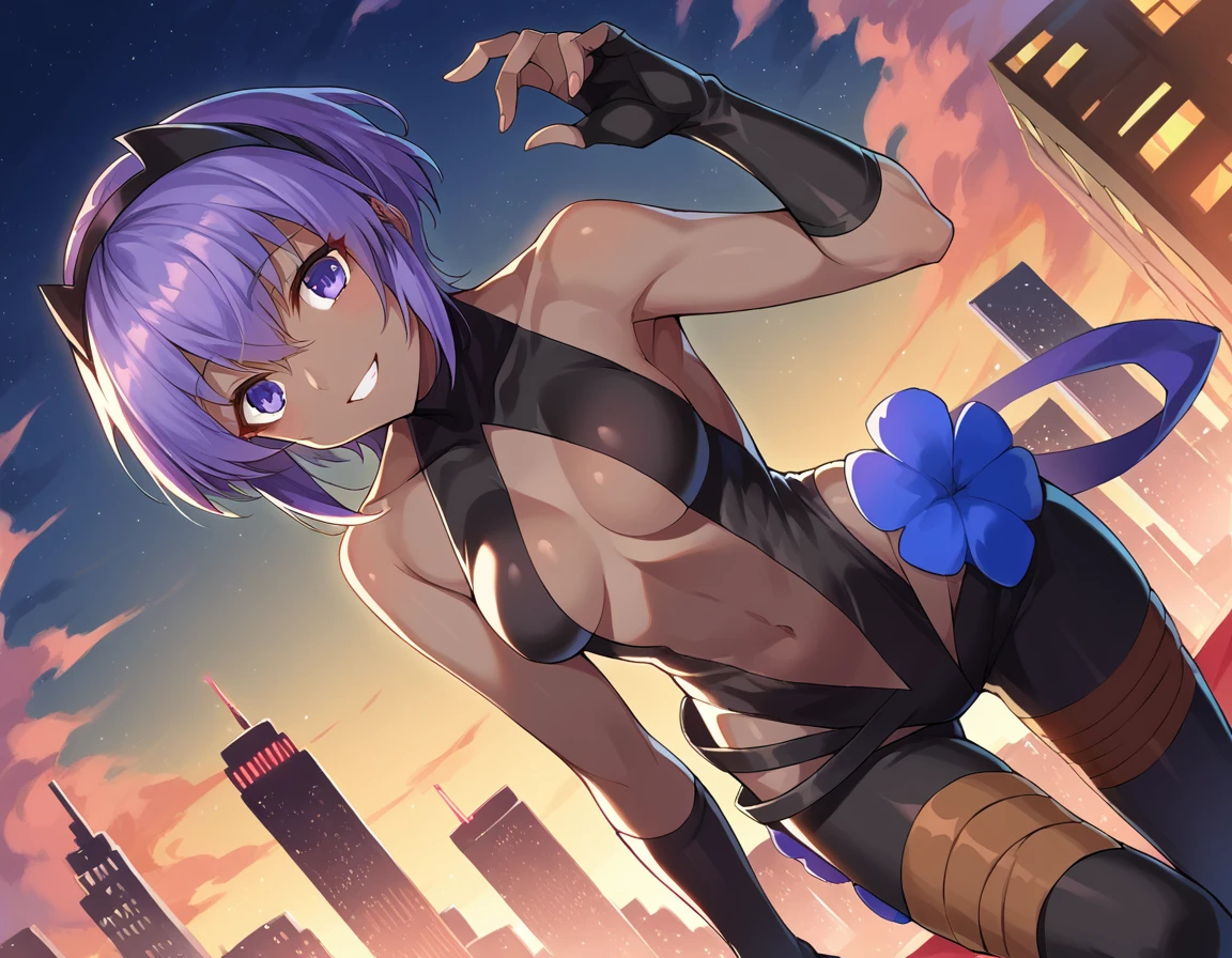 Super-Low-angle shot, Cinematographic lighting,(8k, best quality, masterpiece:1.2,best quality:1.0, ultra highres:1.0), 2D anime, 1girl, Slender small breasts、Sit up、Mysterious smile、Cute beautiful girl with purple medium bob and black rabbit ears、Small purple bikini、Bright skyscrapers