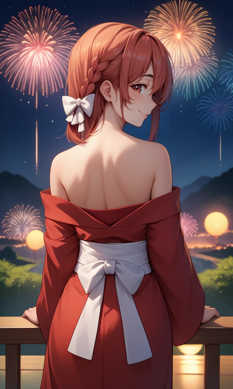 score_9, score_8_up, score_7_up, source_anime, from behind, solo, 1girl, sakurasawa sumi, smile, looking back, side braid, hair bow, white bow, red kimono, off shoulder, white sash, bare shoulders, fireworks <lora:rentagirlfriend_sakurasawa_ponyXL:1>