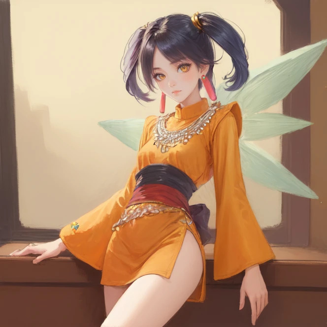 cowboy shot, solo,  <lora:tioGrandia2:0.6> tio_grandia, jewelry, earrings, twintails, yellow eyes, antennae, purple hair, wings, short hair, hair tubes, orange dress, dress, bare legs, short dress, purple brow marks, long sleeves, wide sleeves, gold necklace, sash, bracers, indoors, highres, masterpiece