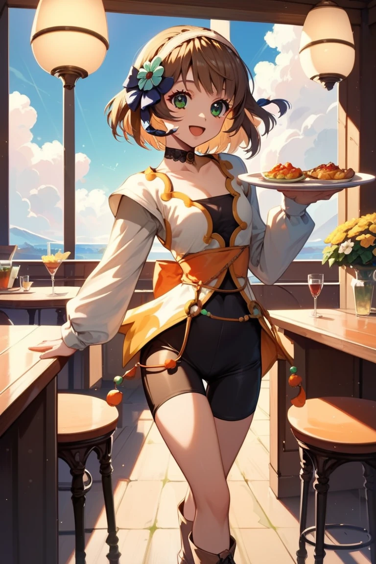 score_9, score_8_up, score_7_up, very aesthetic, source_anime, detailed, high quality, beautiful, masterpiece, detailed eyes,
<lora:lightXL:0.8>
restaurant,
cowboy shot, upper body, 
smile, small breasts,  open mouth, serving dishes,
<lora:leia_autismConfetti_v01:0.99>
leia rolando, 1girl, brown hair, green eyes, short hair, hair ornament, hair flower, hair ribbon,
long sleeves, bike shorts, choker, brown footwear,, zPDXL