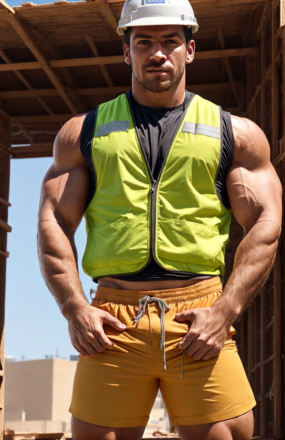 40 years old Desi mascular dark skin handsome jaat construction man with wetty skin sweat is dripping from body huge wide muscular shoulders, wide chest, abs, masculine wide triceps, arms, biceps, big masculine legs, wide thighs, calfs, black-haired, hair falls on your face, Mesmerizing brown eyes, unbuttoned construction worker uniform, orange open tool in pocket vest with yellow gloves in hand, at construction site, seductive,erotic, masterpiece