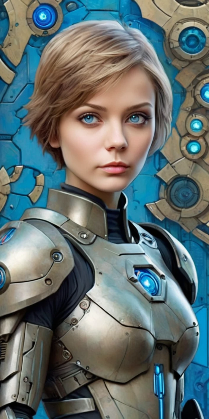 full body illustration of Alisa Selezneva short hair big blue eyes, sci-fi soldier woman, full body shot, ultra detailed eyes, detailed face, hazel eyes, (oversized bulky mech armor:1.4), grey camo pattern, medium shot, Graphic novel style, (abstract psychedelic background:1.3) tech sketch