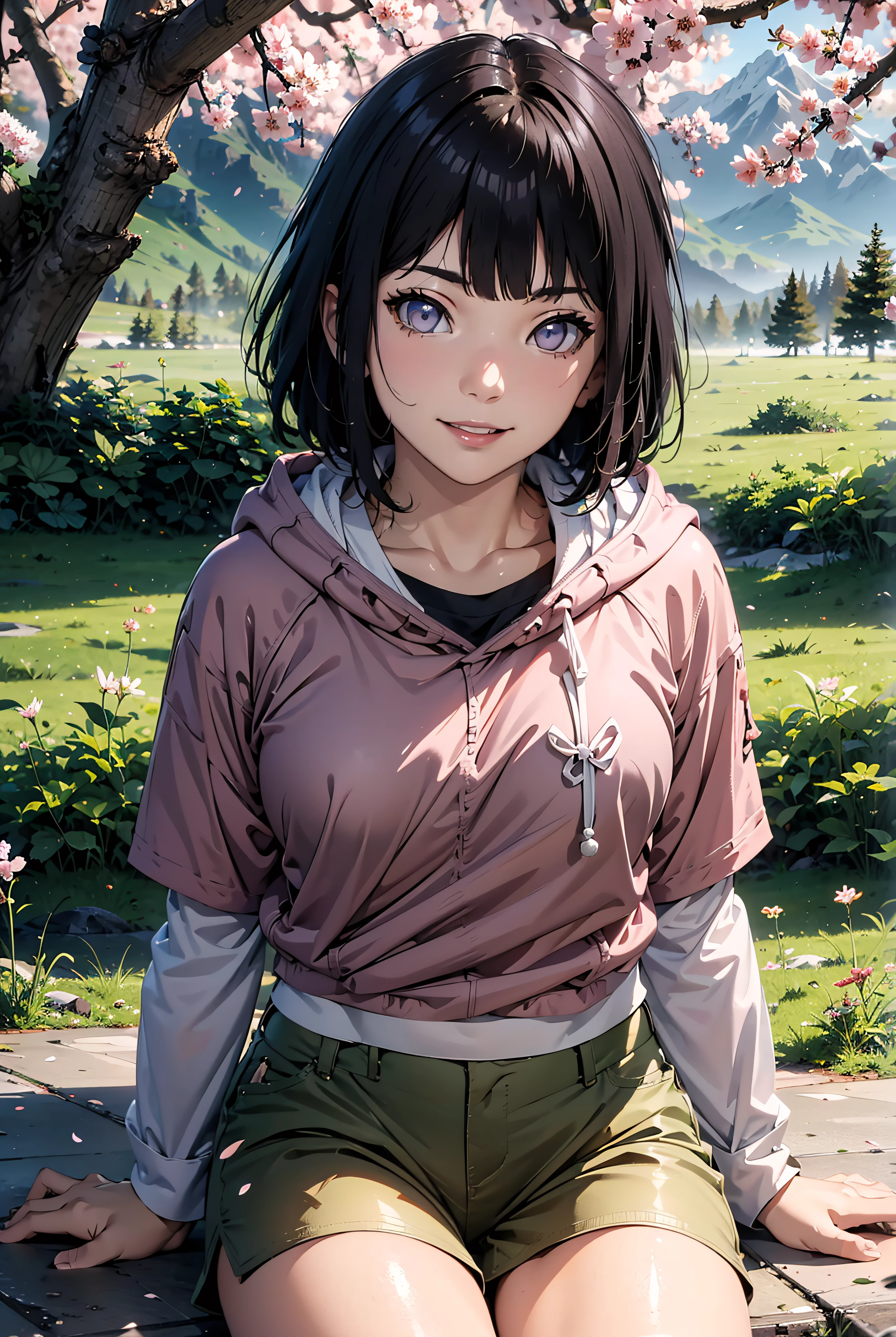 ((masterpiece)),(highres:1.1),4k , 8k,HD,(ultra detailed),vivid colors,lights, sharp focus,ray tracing, HDR, ,perfect lighting,best quality,   depth of field,looking at viewer,

hinataboruto, shirt, long sleeves,  short sleeves, shorts, shiny, hood, shiny hair, short shorts, hoodie, arm support, hood down, pink shirt,  layered sleeves, short over long sleeves, brown shorts,  white eyes,

grassland, mountains forest, cherry blossoms, smile, sitting, 
