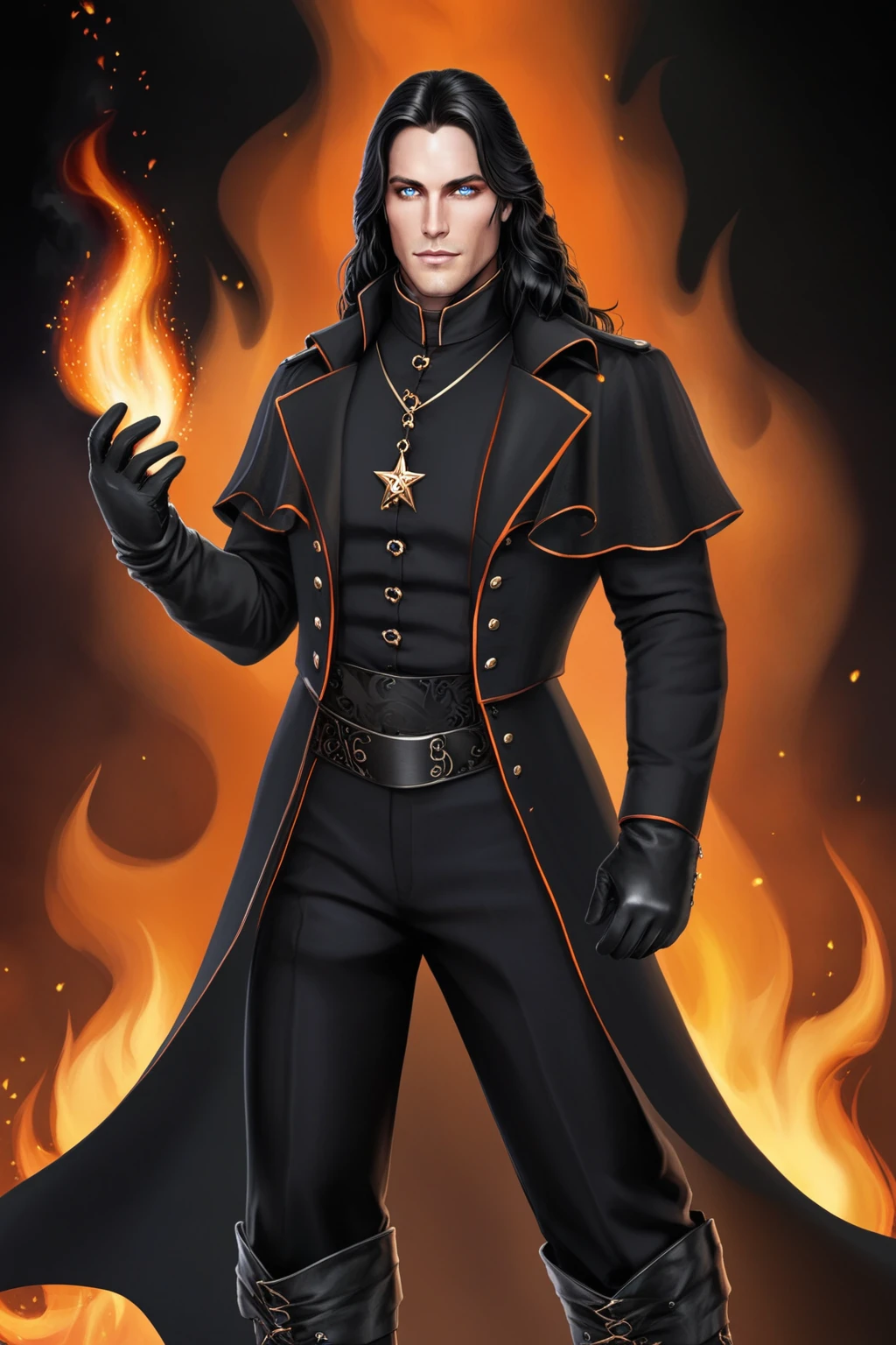 male, black long hair, grey eyes, detailed eyes, clothes in black costume, black gloves, boots, standing, full body, magic orange fire background <lora:lora:0.8> richard