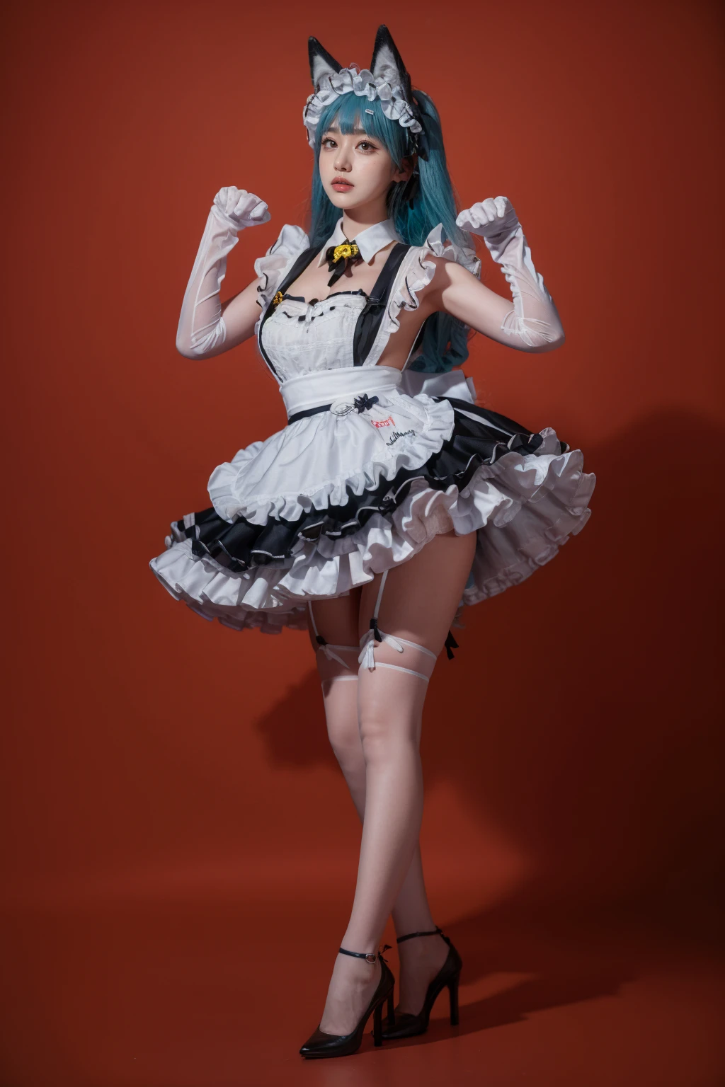 best quality,masterpiece,red background,1girl,solo,facing viewer,standing,full body,hands up,paw pose,blush,eyeliner,eyeshadow,eyelashes,blunt bangs,short bangs,gigantic breasts,saggy breasts,<lora:lemon0015-NIKKE Privaty Unkind Maid_v1:0.9>,lemon0015,maid,maid apron,frilled dress,frills,clothing cutout,elbow gloves,bell,fake animal ears,blue hair,high heels,