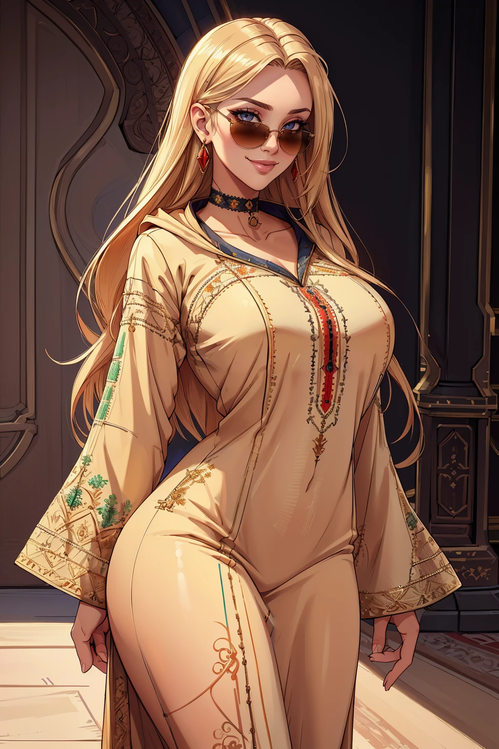 ((Masterpiece, best quality, edgQuality)),smile,
edgellaba, a woman in a dress,standing,posing ,wearing edgellaba,embroidery
 <lora:edgDjellaba:1>
 <lora:Ultimate_Nadia:0.5> blonde, nadia, sunglasses, choker,