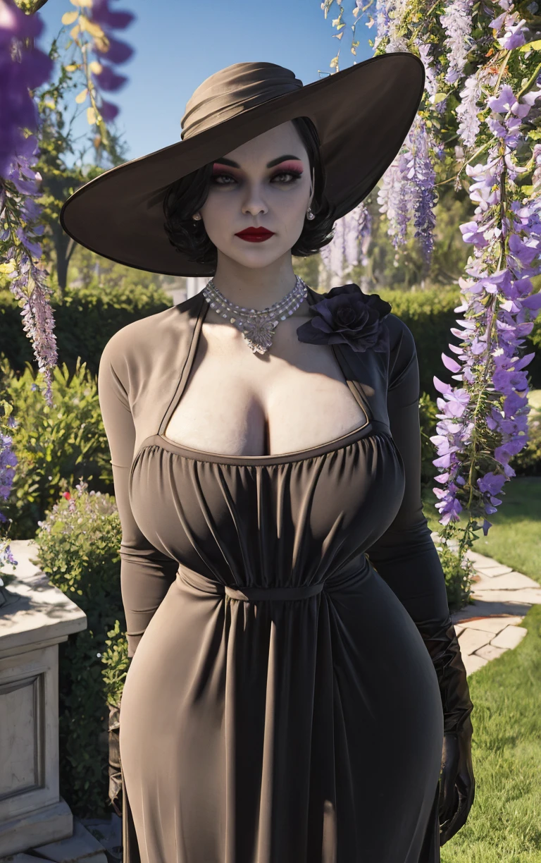 (masterpiece, best quality:1.4), insaneres, absurdres, solo, looking at viewer,BREAK 
LadyDimitrescu_BlackDress,
1girl, short hair, (pale skin, white skin),  red lips, large breasts, curvy, nose, veiny breasts, wide hips, black hair, jewelry, lipstick, earrings, makeup, breasts, pearl necklace, mature female, tall female,  yellow eyes, lips, colored skin, eyelashes, 
hat, dress, sun hat, gloves, black flower, black rose,  cleavage, black headwear, black gloves, black dress,  long dress, long sleeves
(leaning forward, arms behind back), cowboy shot, garden, wisteria, outdoors, <lora:GAME_REvilVill_LadyDimitrescu_blackdress_ownwaifu:0.85> , depth of field