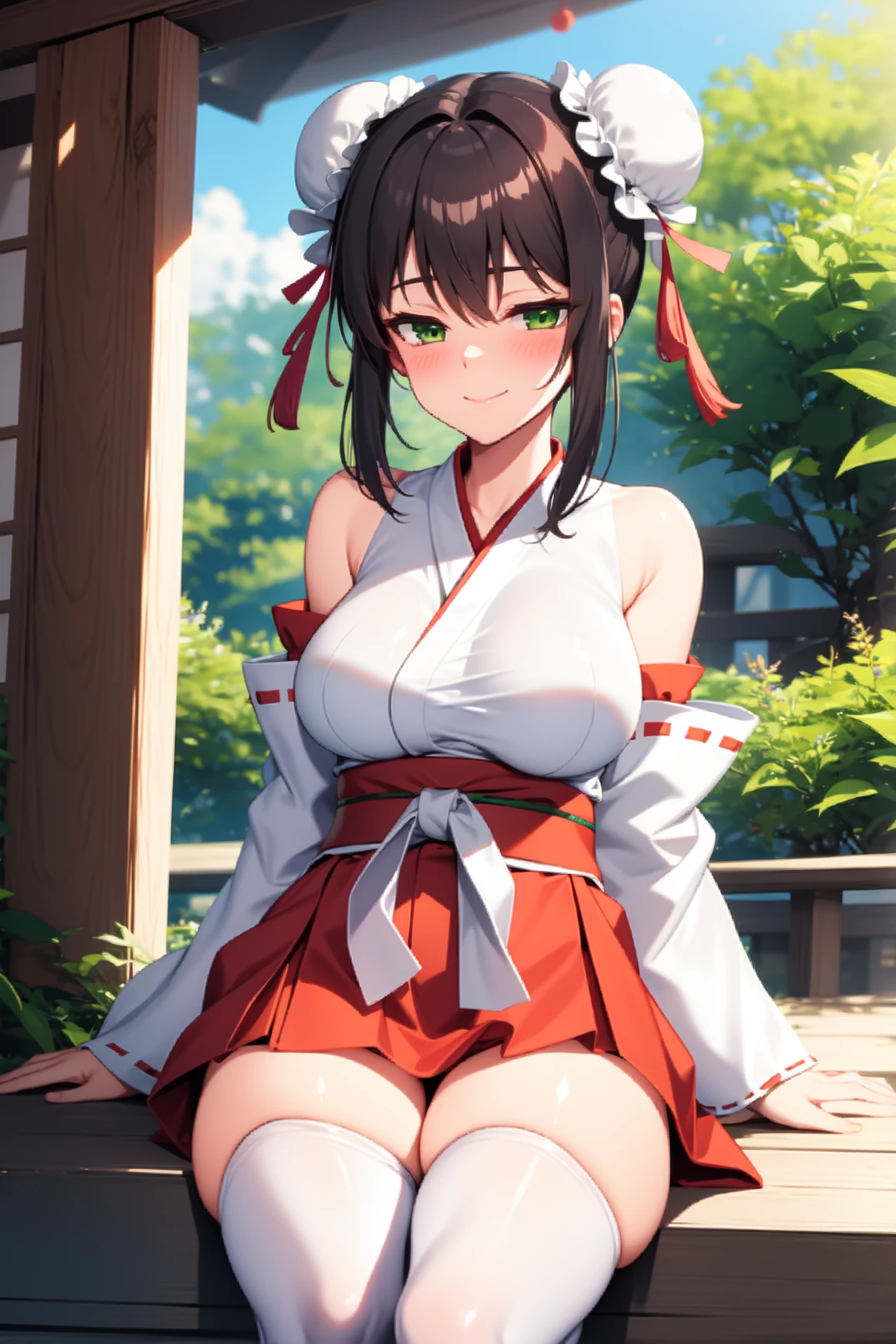 solo, masterpiece, best quality, outdoors, shrine, cowboy shot, looking at viewer, sitting on stairs, knees up, arm support, closed mouth, smile, blush, qin, green eyes, black hair, hair bun, double bun, sidelocks, green ribbon, hair ribbon, miko, japanese clothes, sash, red bow, detached sleeves, wide sleeves, ribbon-trimmed sleeves, waist red hakama skirt, white thighhighs