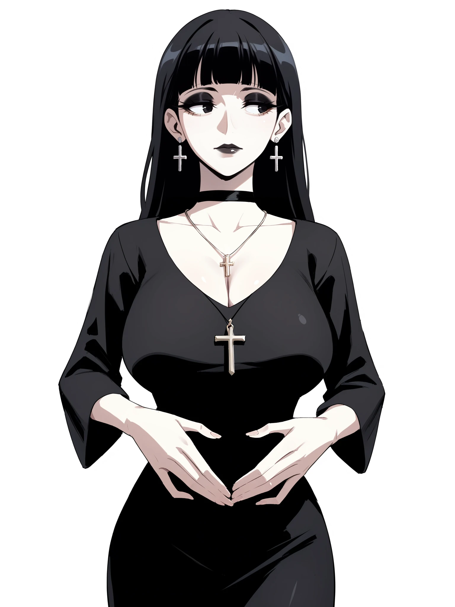 score_9, score_8_up, score_7_up, score_6_up, score_5_up, score_4_up,
BREAK
1girl, black hair, long hair, straight hair, blunt bangs, adult, mature, black eyes, long eyelashes, black eyeshadow, black lips, black choker, half-closed eyes, looking away, pale skin,
BREAK
solo, hands on stomach, large breasts, skinny, black dress, black long dress, cross necklace, cross earrings,
BREAK
white background, simple background, dynamic pose, dynamic angle, angled shot, <lora:Lunas-Tedain-SDXL-A1:1>