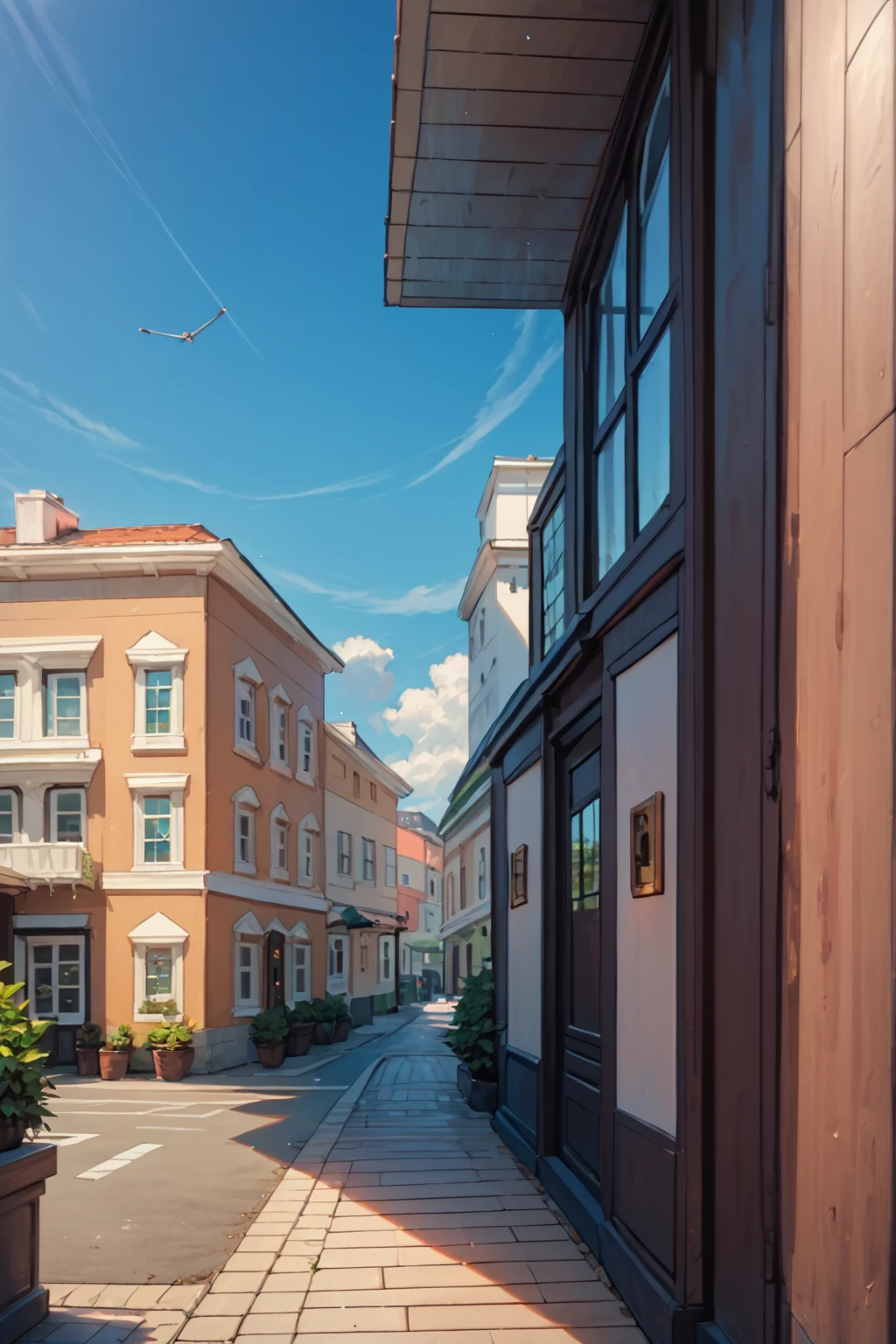 PonyXLV6_Scores , AgendaMix Style, blue sky, building, day, door, no humans, outdoors, scenery, sky, window, <lora:AgendamixPonyXL:1>