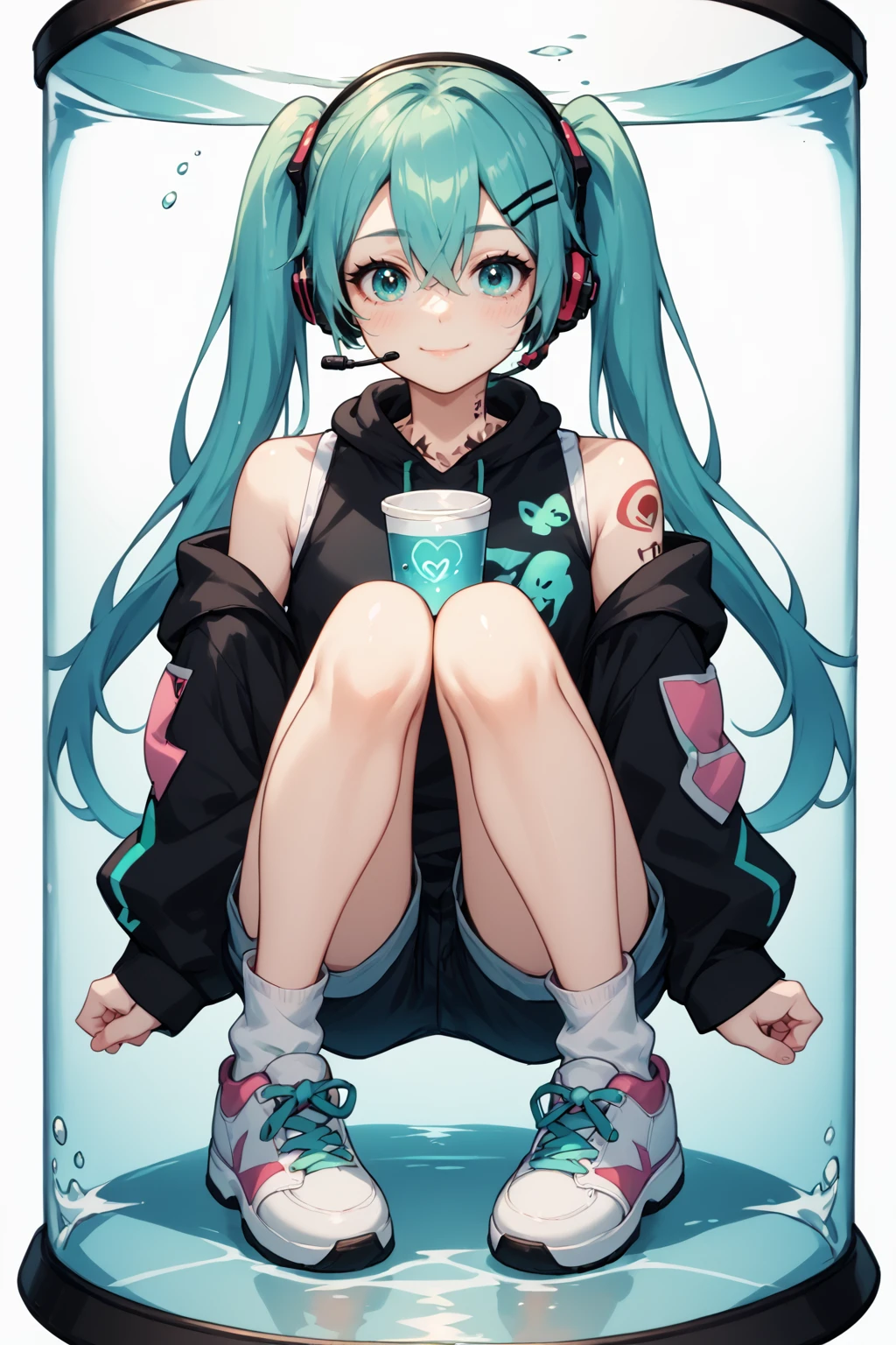 PonyXLV6_Scores , AgendaMix Style, 1girl, aqua eyes, aqua hair, bare shoulders, black hoodie, black jacket, blush, closed mouth, cup, fish, full body, hair between eyes, hair ornament, hairclip, headphones, headset, hood, hood down, hoodie, in container, in cup, jacket, long hair, looking at viewer, off shoulder, open jacket, partially submerged, shoes, shorts, sitting, sleeveless, smile, sneakers, socks, solo, submerged, tattoo, twintails, very long hair, water, white background, white footwear, white socks, <lora:AgendamixPonyXL:1>