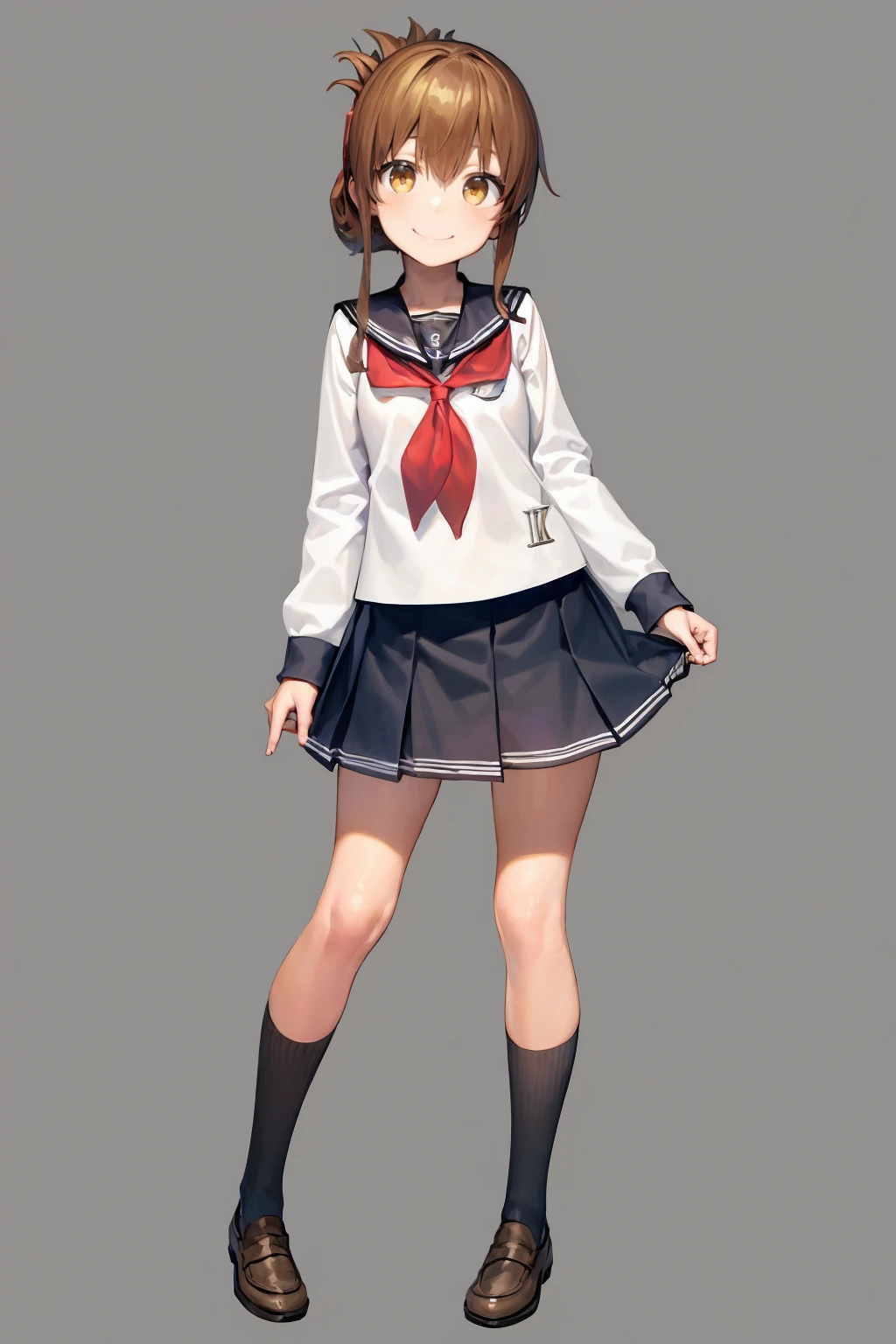 masterpiece, best quality,
1girl,  inazuma \(kancolle\), brown hair, folded ponytail, long hair, brown eyes, 
anchor symbol, black sailor collar, long sleeves, neckerchief, school uniform, serafuku, pleated skirt, black skirt, black socks, loafers,
smile, full body, standing, solo, looking at viewer, simple background, solid grey background   <lora:Inazuma:1>