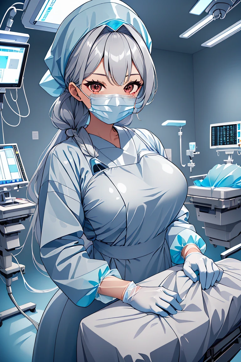 (RAW photo, best quality), (1girl), operating room, overhead surgical light,blurred background, focused,
 <lora:Asami_Fujimoto_3dC_V1.0:0.8> (asami fujimoto, 3dcg_19,long hair,gray_hair), 
 <lora:surgical_v3:0.8> (surgical_uniform_3.0, surgical mask, gloves,surgical cap,long sleeves),