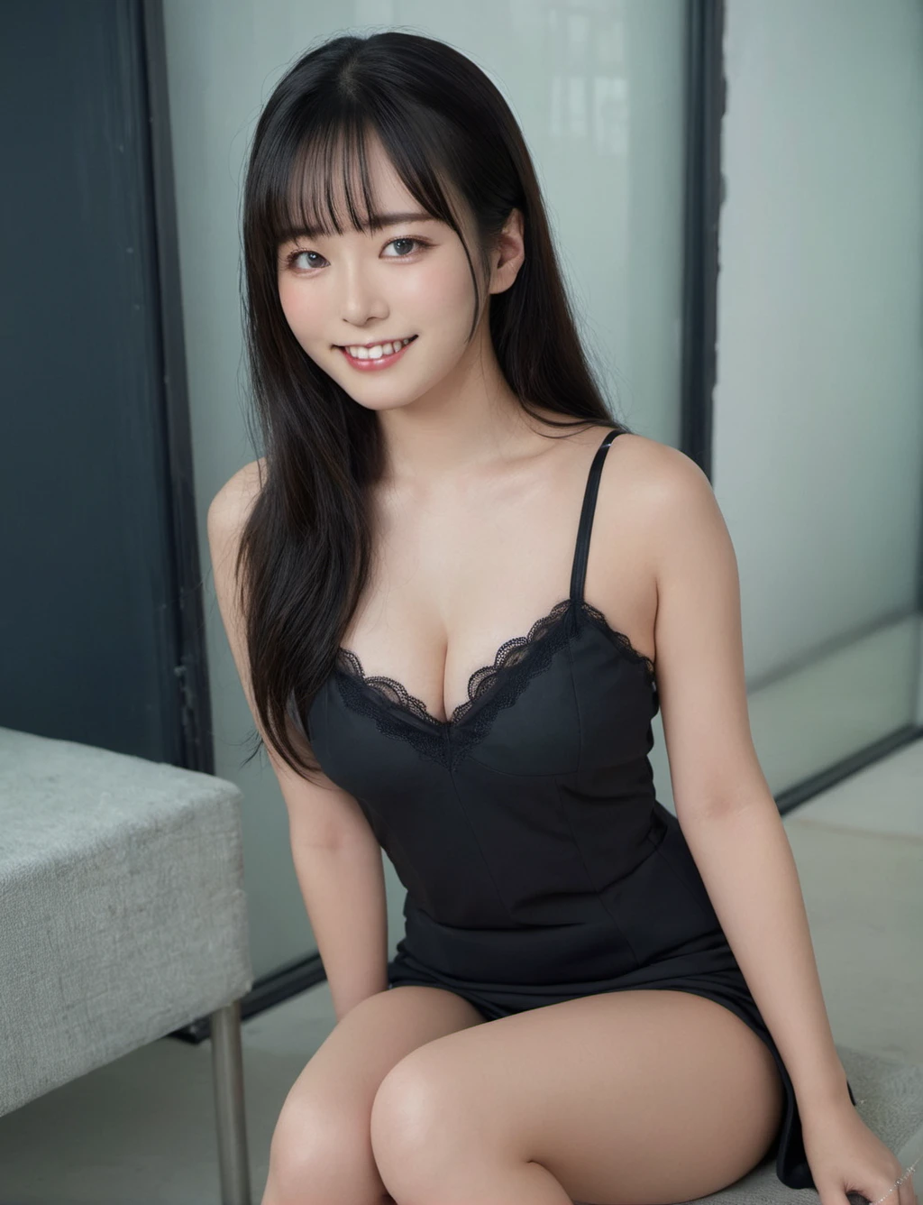 (masterpiece:1.0), (best quality:1.0), (ultra highres:1.0),(ultra detailed:1.0), (sharp focus1:0), (RAW photo:1.0), (Realistic:1.0),
detail fair skin, closed mouth smile,
((sjvgxq:1.4), black dress, black long hair, leg, feet, middle breast,sit),
 <lora:sjvgxq_Shinonome_UmiSdxl5_101 x40:1>