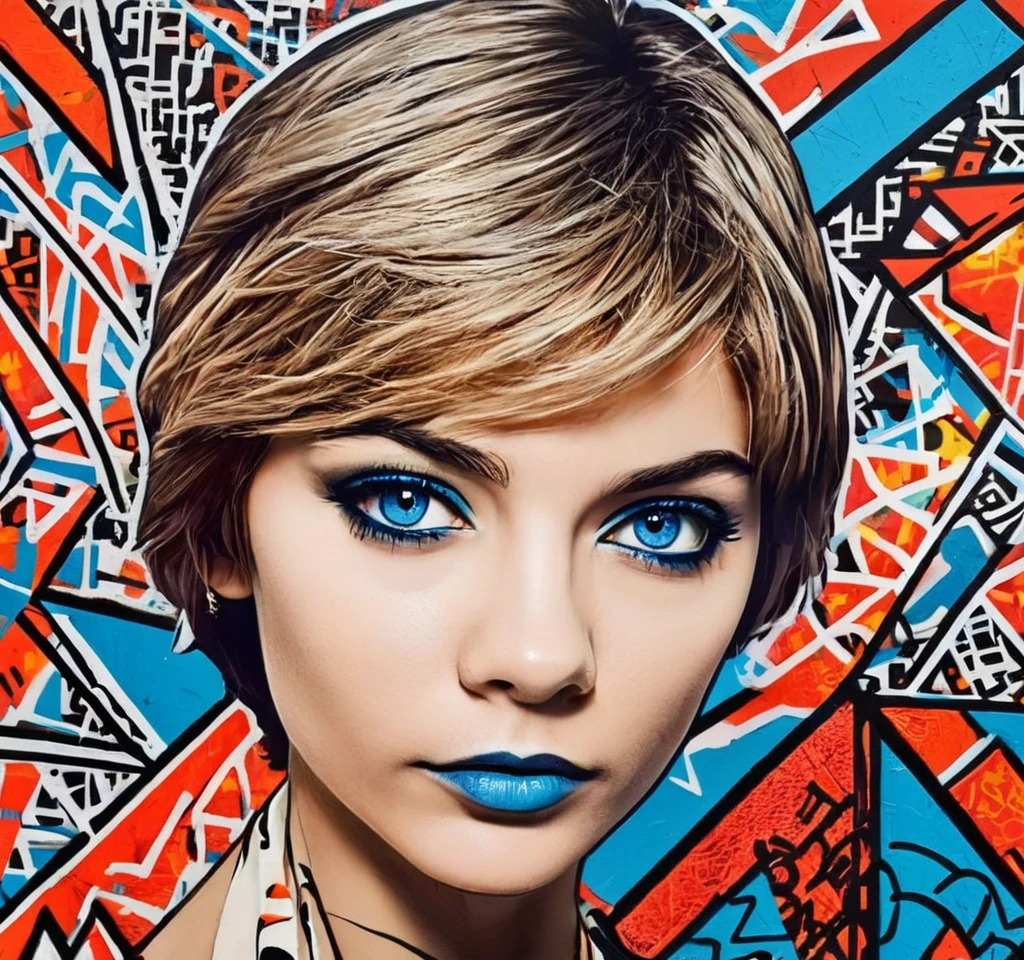 stenciled portrait, pop art style, inspired by Keith Haring, handsome young Woman Alisa Selezneva short hair, big blue eyes, bold lines, expressive eyes and strong jawline, surrounded by a dynamic and energetic background of geometric shapes and patterns. Highly detailed, trending on deviantart, prompt by JDS