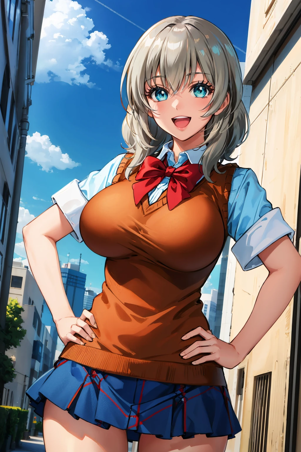 masterpiece, best quality, 1girl,  <lora:ichikosakura-nvwls-v1-000009:0.8> ichikosakura, eyelashes, orange sweater vest, short sleeves, red bowtie, blue miniskirt, large breasts, cowboy shot, smile, looking at viewer, blue sky, clouds, city, hand on hip, :D