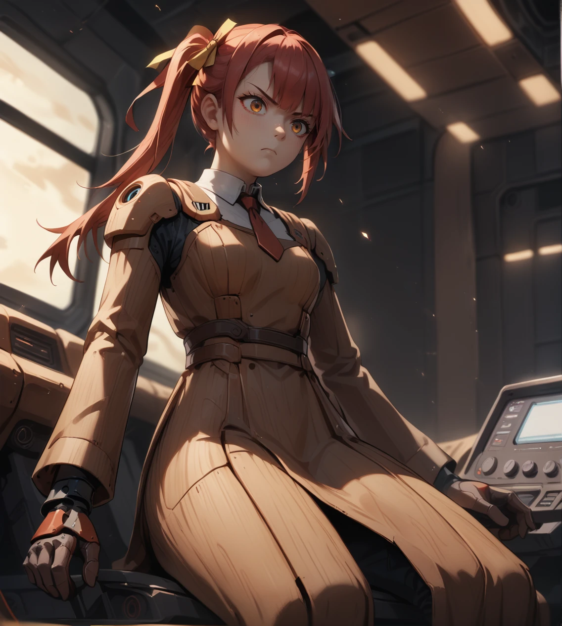 score_9,score_8_up,score_7_up,score_6_up,source anime,1girl,solo,cockpit,spaceship,space,science fiction,dark background,piloting,cyberpunk,serious,(spacesuit:0.4),(military uniform:0.5),long sleeves,gloves,dress,sitting,side ponytail,red hair,amber eyes,hair ribbon,tie,straight-on,from below,particles, wood, wooden
 <lora:wooden_10_blocks_comp:1>