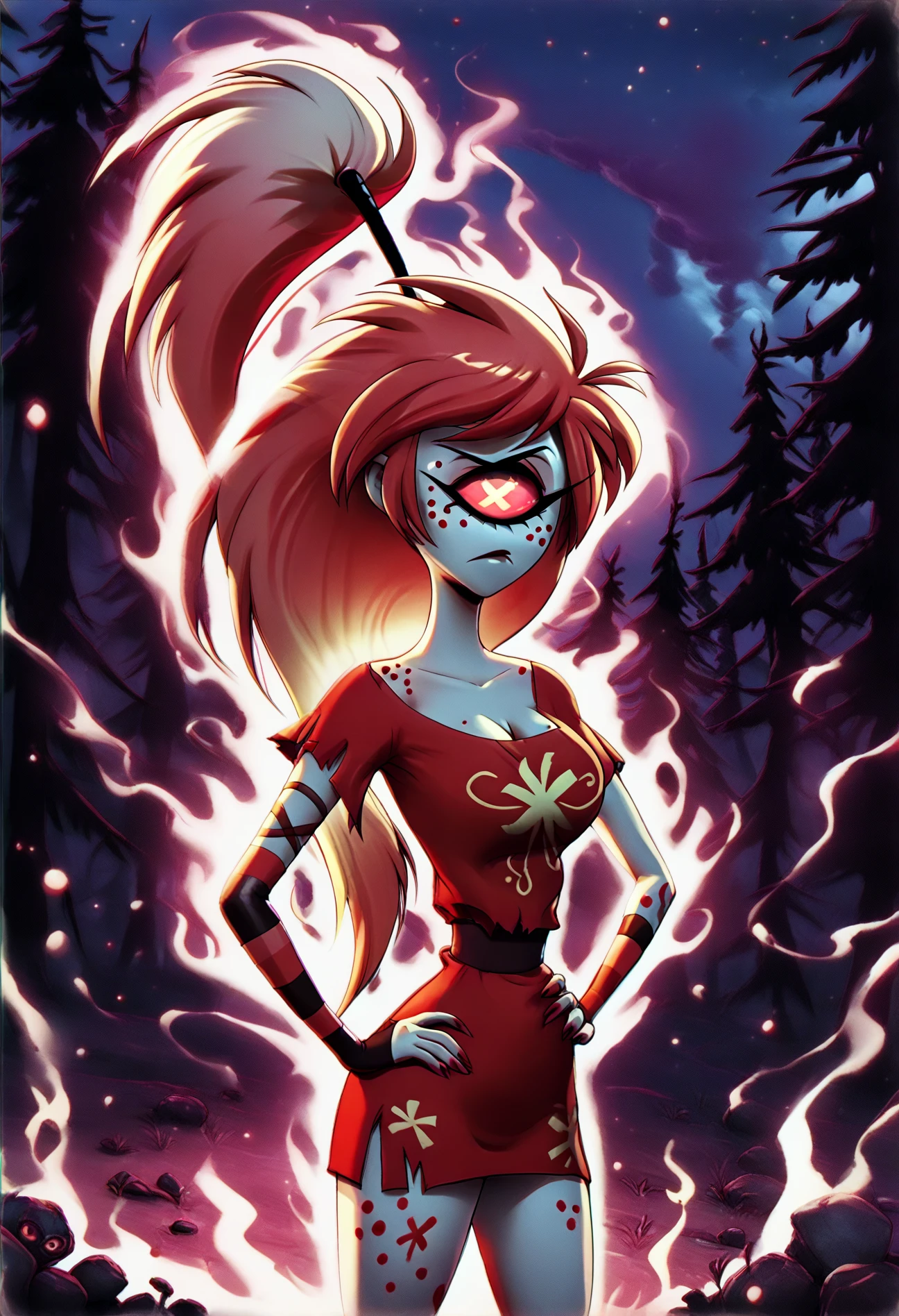 firegirl, <lora:firegirl_ponyxl_v1:0.8>, <lora:hazbin_hotel_ponyxl_v2-000025:1>, cherri, cyclops, standing, burning hair, looking at viewer, hands on own hips, serious, long hair, solo, (fire aura), dark forest, dark, night, contrast, chromatic aberration, backlighting,
BREAK
score_9, score_8_up