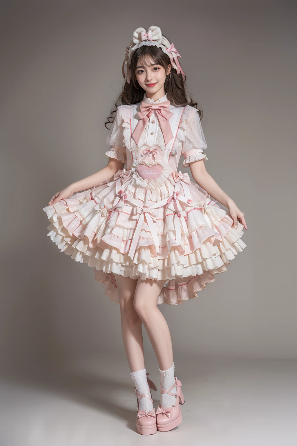 best quality, masterpiece, realistic, photorealistic, 1girl, solo, smile, black hair, long hair, standing, full body, cyb dress, dress, pink dress, layered dress, frilled dress, short sleeves, ribbon, bowtie, frills, bow, dress bow, heart symbol, hair bow, hair ornament, frilled socks, platform heels, pink background, <lora:sweet_attire_style5_v1:0.7>