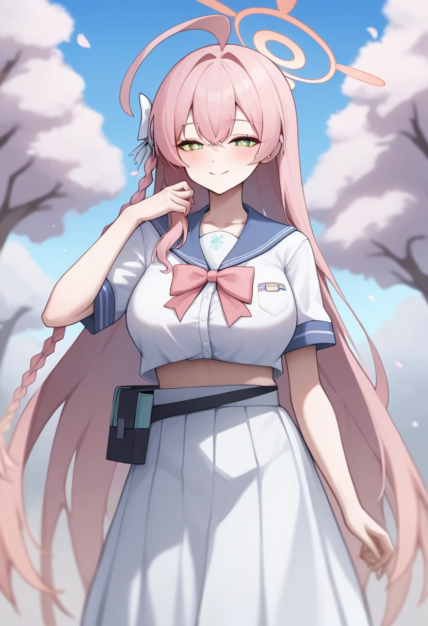 score_9,score_8_up,score_7_up,<lora:blue_archive_all_v2:1>,looking_at_viewer, midriff, simple_background, hanako_\(blue_archive\), purple_sailor_collar, absurdres, cherry_blossoms, short_sleeves, white_bow, solo, hair_intakes, white_skirt, hand_up, depth_of_field, blush, highres, smile, 1girl, pouch, white_shirt, hair_bow