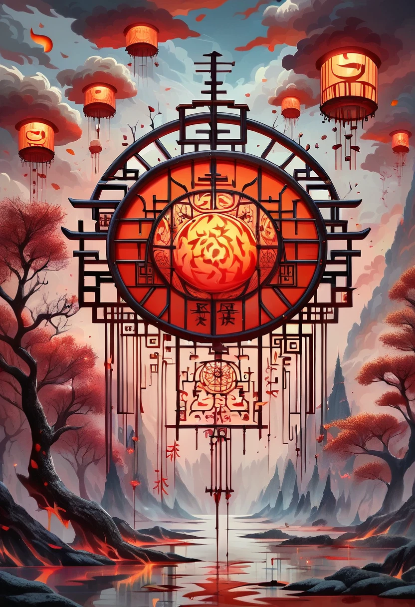 score_9, score_8_up, score_7_up, score_6_up, DonMD347hM374lXL lunar newyear, Chinese landscape painting, Reflective, Kumquat trees, Symbolizing wealth and good luck, Nian, A mythical beast believed to eat crops and livestock, Waterfronts, Hosting lantern festivals with floating lanterns on rivers or seas, creating a magical atmosphere, Family gatherings, Floating lanterns, Released into the sky or water, symbolizing the release of worries and wishes for the new year, rating_safe <lora:DonMD347hM374lXL-pony:1>