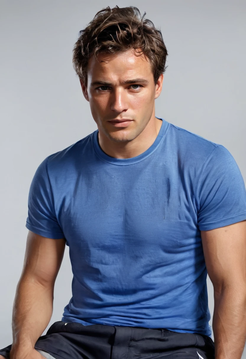 Hyperrealistic art full body photo of a man,  blue t shirt, shorts, gym, sweaty skin, messy hair, (depth of field:1.1), sitting, view from above, masterpiece, highness, perfect face, perfect picture, detailed eyes, sharp focus, looking at viewer, m4r10n,  <lora:Marlon_Brando:.6> . Extremely high-resolution details, photographic, realism pushed to extreme, fine texture, incredibly lifelike