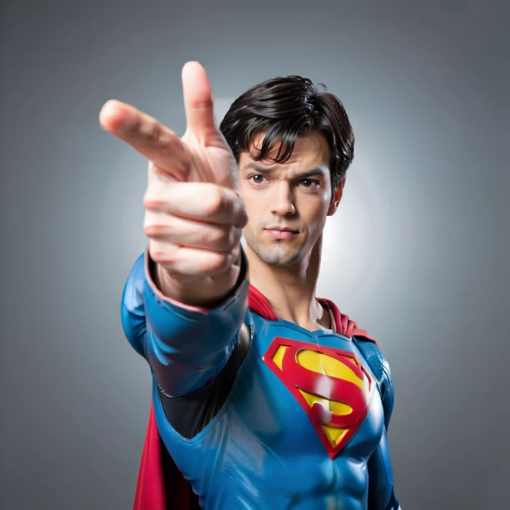 a super man pointing at something with a finger, <lora:fingergun:0.8>,