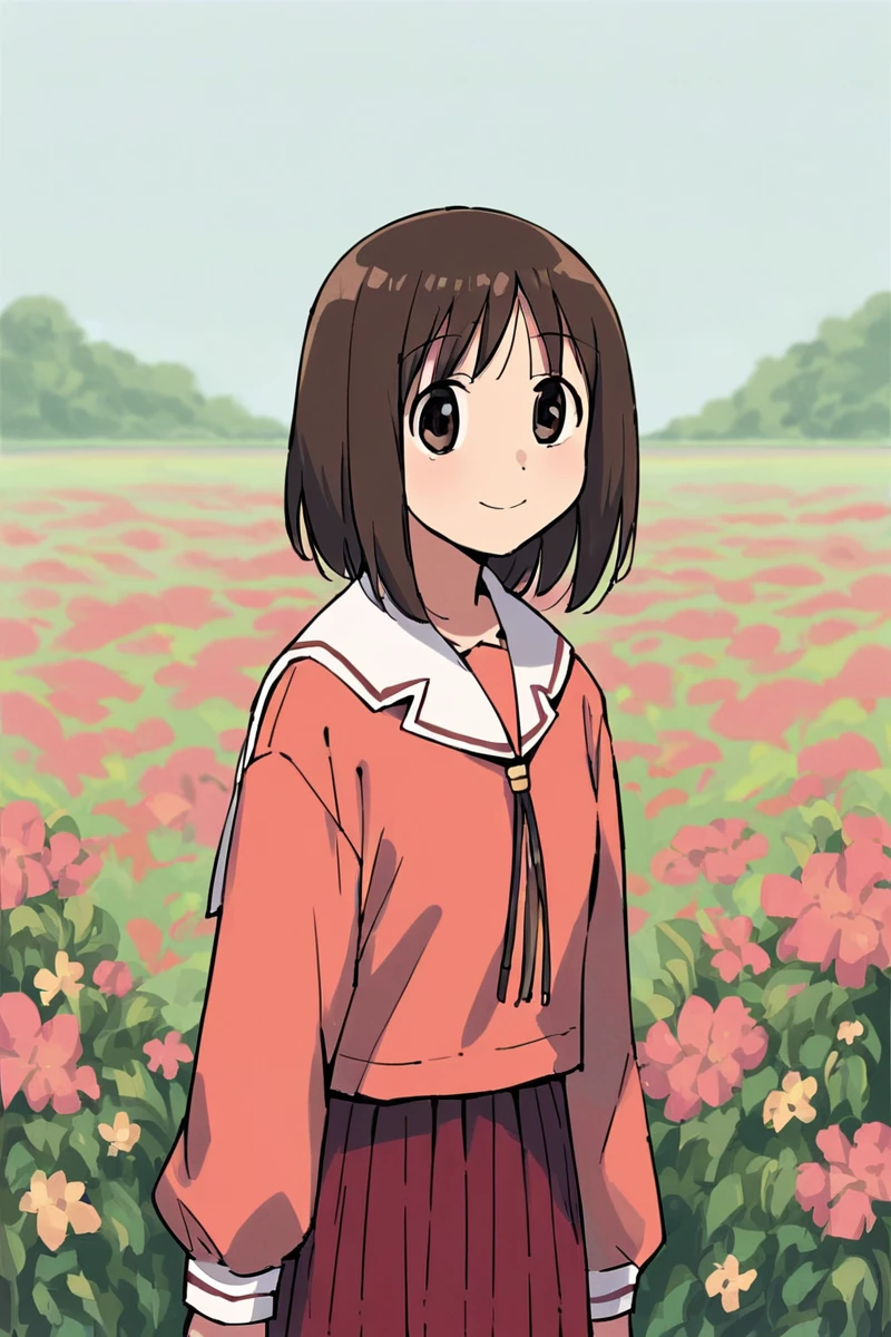 <lora:ALTXL_pony_0061_8:3>, (anime, 1 girl, solo), (score_9, score_8_up, score_7_up, score_6_up, score_5_up, 2.5d), (kasuga ayumu, brown hair, smile, serafuku, flower field, old anime), (cowboy shot), <lora:Smooth Anime 2 Style SDXL_LoRA_Pony Diffusion V6 XL:0.2>, <lora:Kasuga_Ayumu__Osaka_Azumanga_Daioh:1>